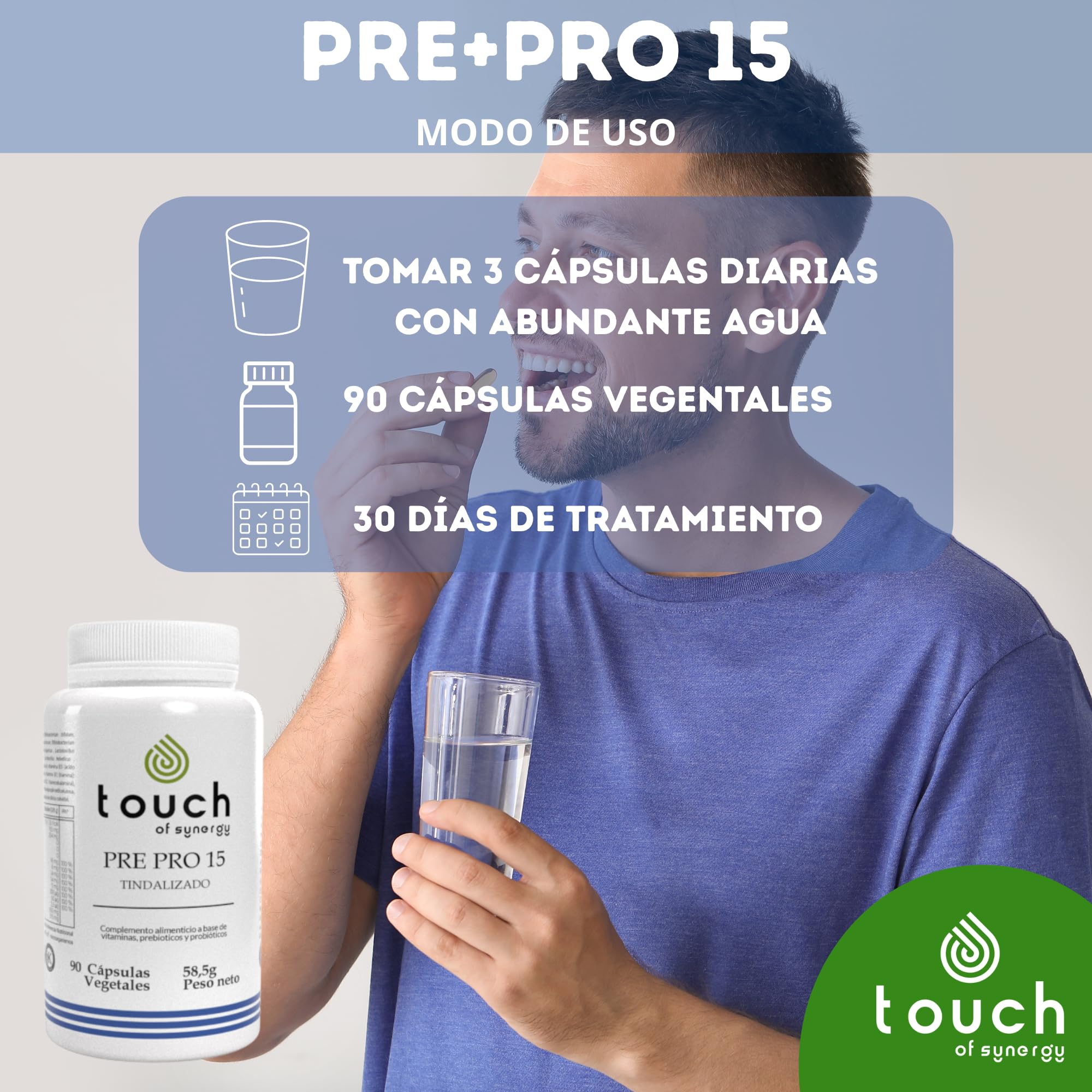 Pre+Pro 15 - Fórmula Simbiótica - 90 Cápsulas - Probióticos, Prebióticos y Enzimas Digestivas - Equilibra la Flora Intestinal, Mejora la Digestión y el Sistema Inmunitario