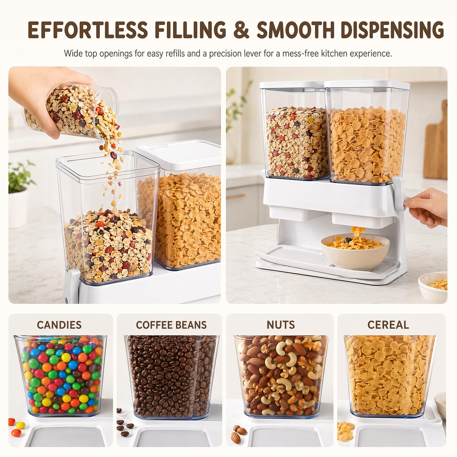 Set di 2 dispenser di cereali, doppio contenitore ermetico da 3 l per cereali, contenitore trasparente per noci, chicchi di caffè e alimenti secchi, contenitore da cucina con grande capacità (bianco)