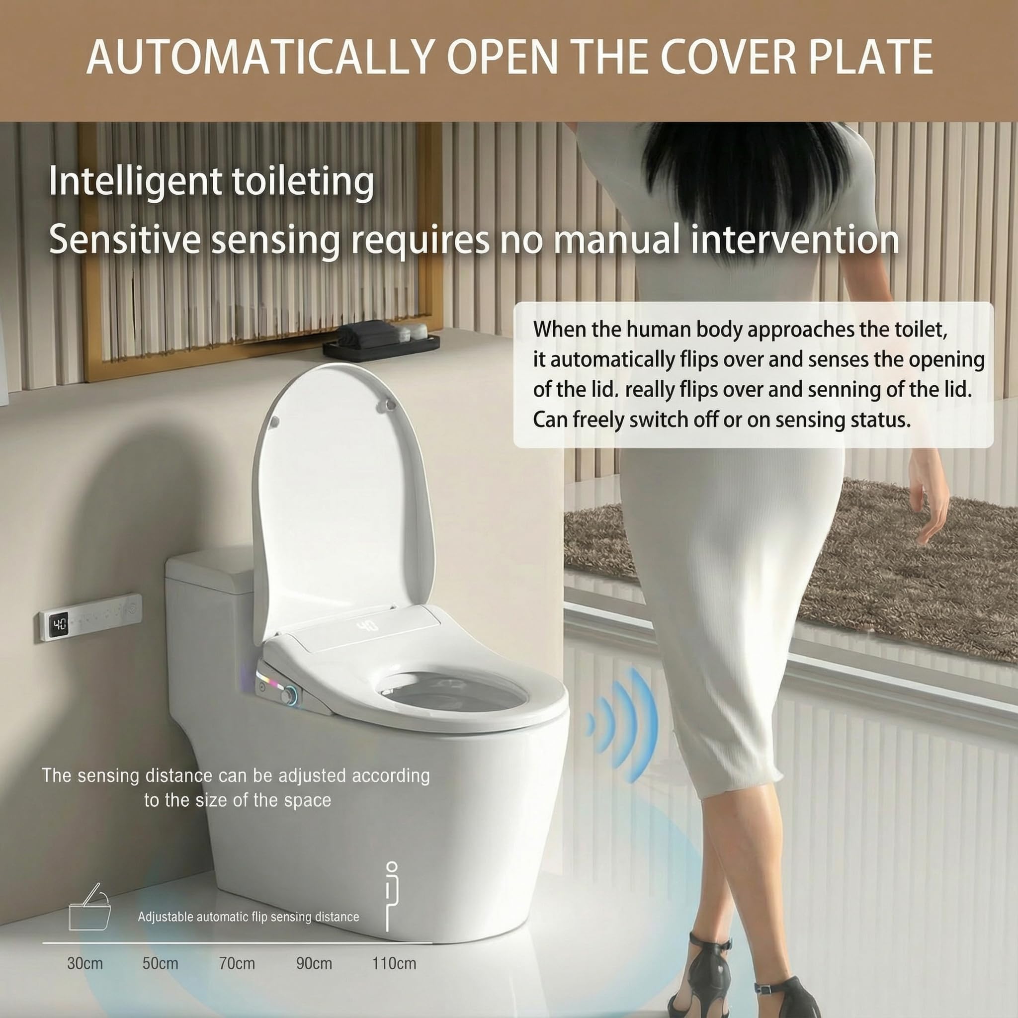 Abattant WC intelligent - Siège WC japonais avec jet d'eau et séchage - Bidet électrique avec siège chauffant, lumière nocturne et télécommande - Installation universelle, chute amortie (Bl
