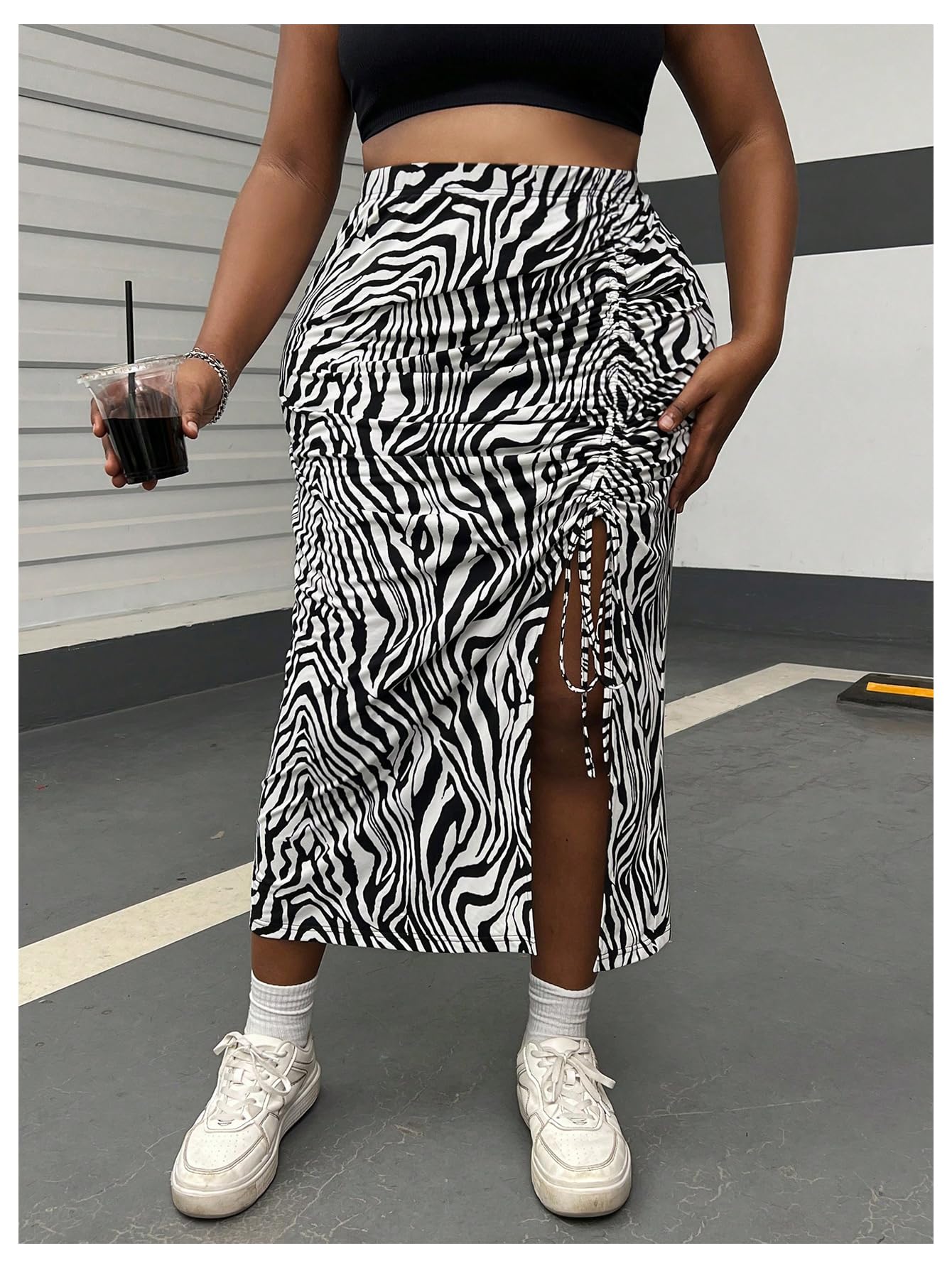 WDIRARA Women's Plus Size Checkered Ruched Midi Skirt High Waist Split Thigh Pencil Skirts: 3X-Large Plus Black Zebra