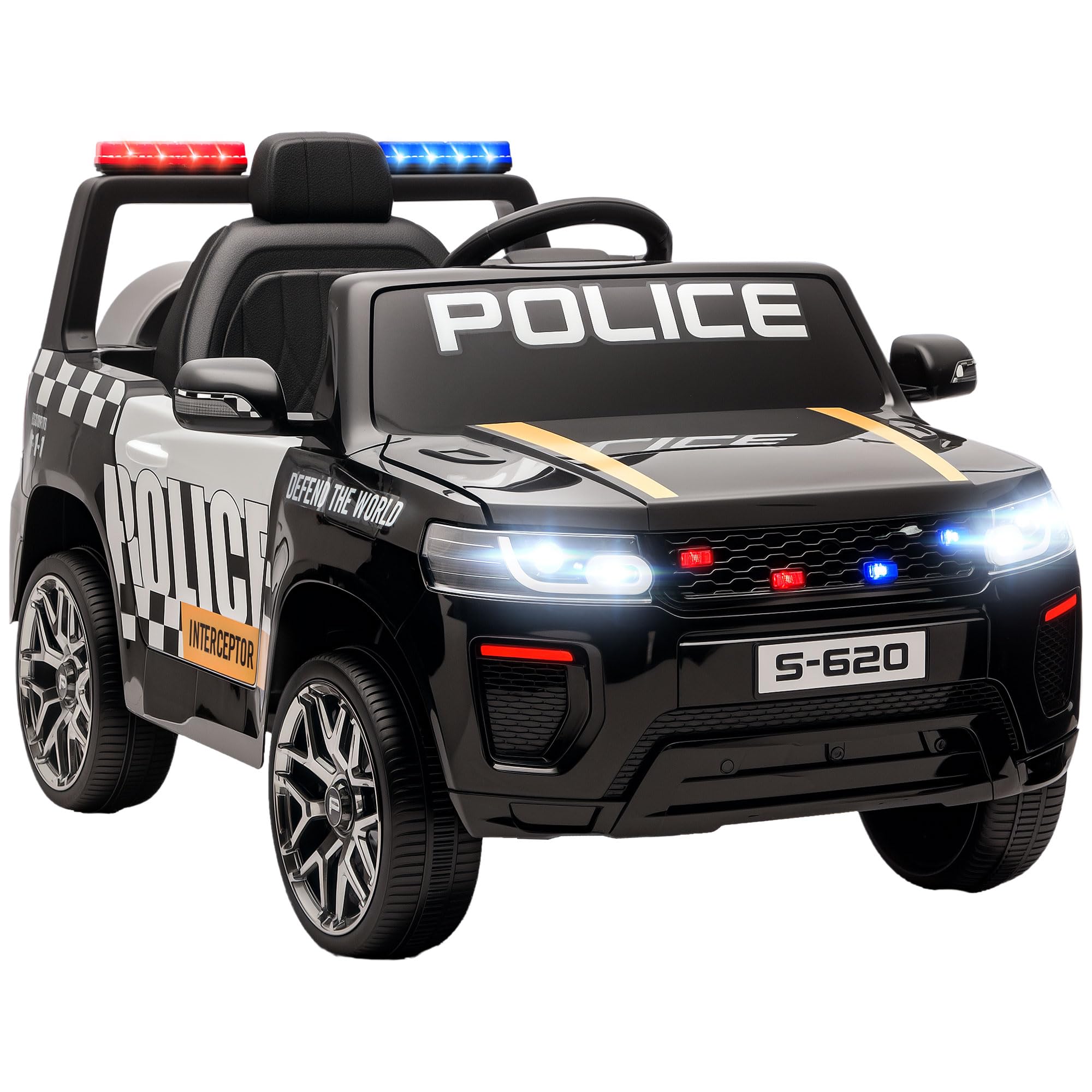 AIYAPLAY Coche Eléctrico para Niños de Policía Motor Doble 12V Negro | Mando a Distancia 2,4 G, Suspensión en 4 Ruedas, Sirena, Faros LED, Puerto USB, Blutooth y Música