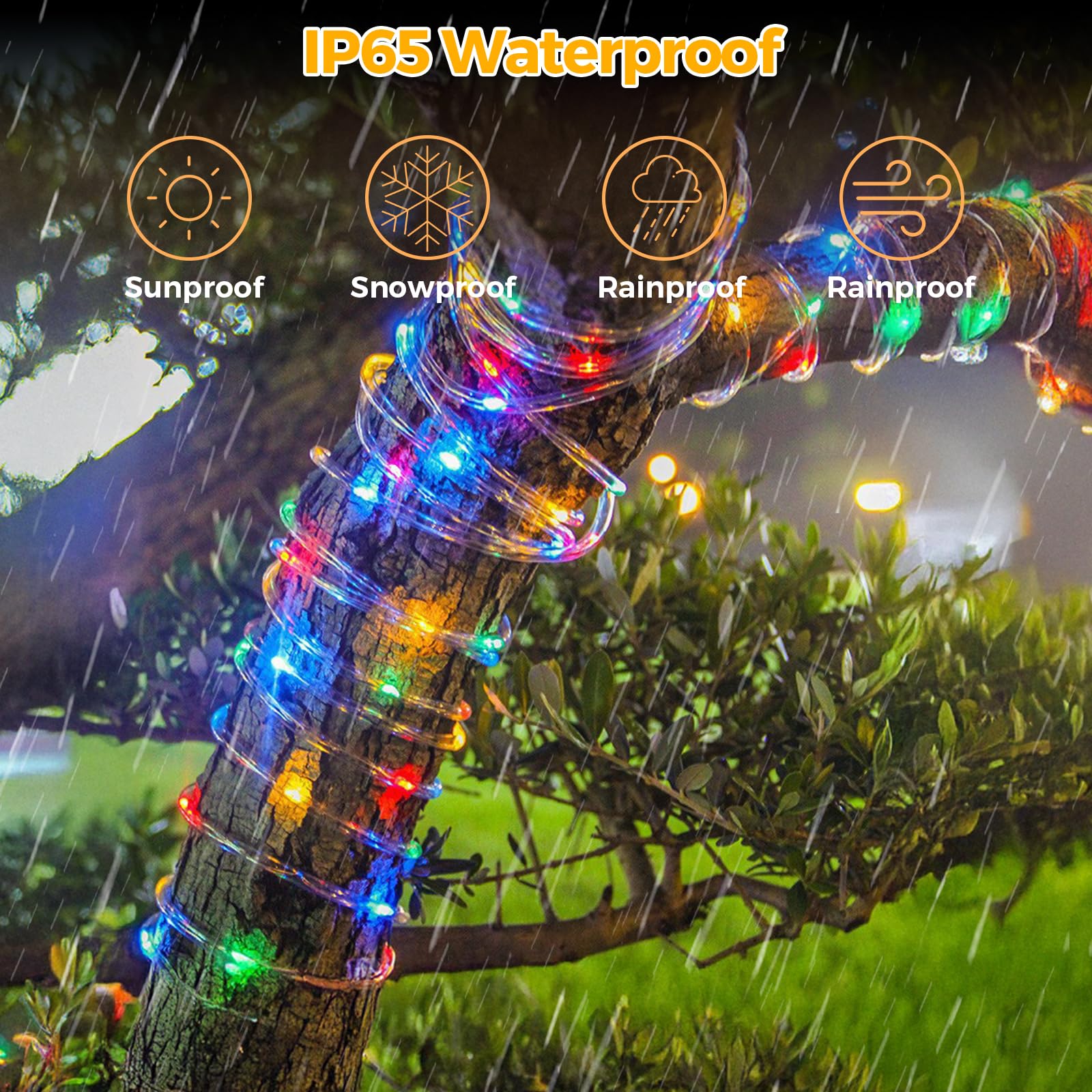 Aofonchy Solar LED Rope Lights Outdoor, 66Ft 200 LEDs Waterproof Tube String Lights with 8 Modes & Remote Control - Image 2