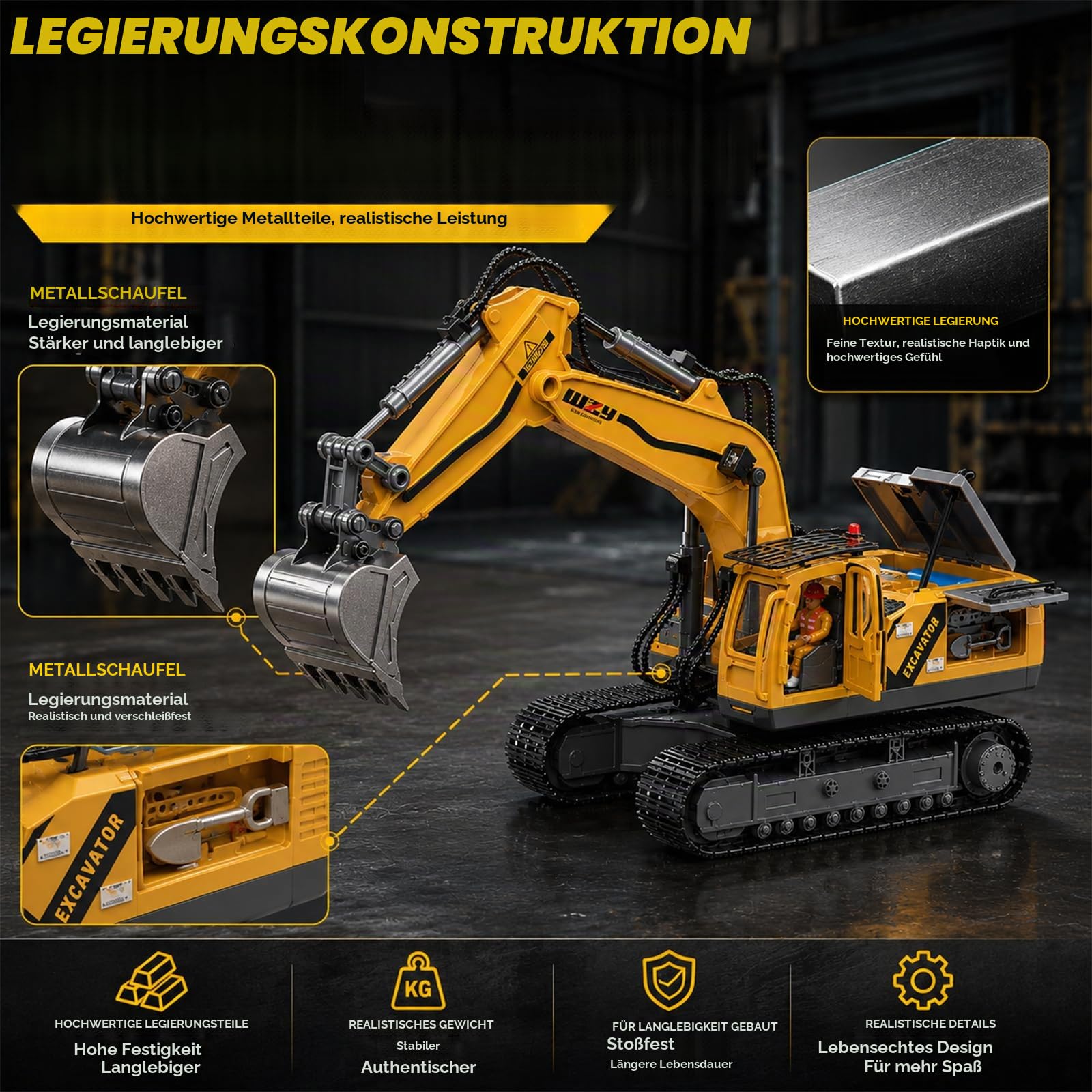 YESHIN RC Bagger, 15-Kanal Ferngesteuerter Metall Bagger mit Sandkasten Kasten & Modelliersand, Realistischer Kettenbagger mit Legierungsschaufel, Bagger Spielzeug Set Geschenk für Kinder ab 3 Jahren