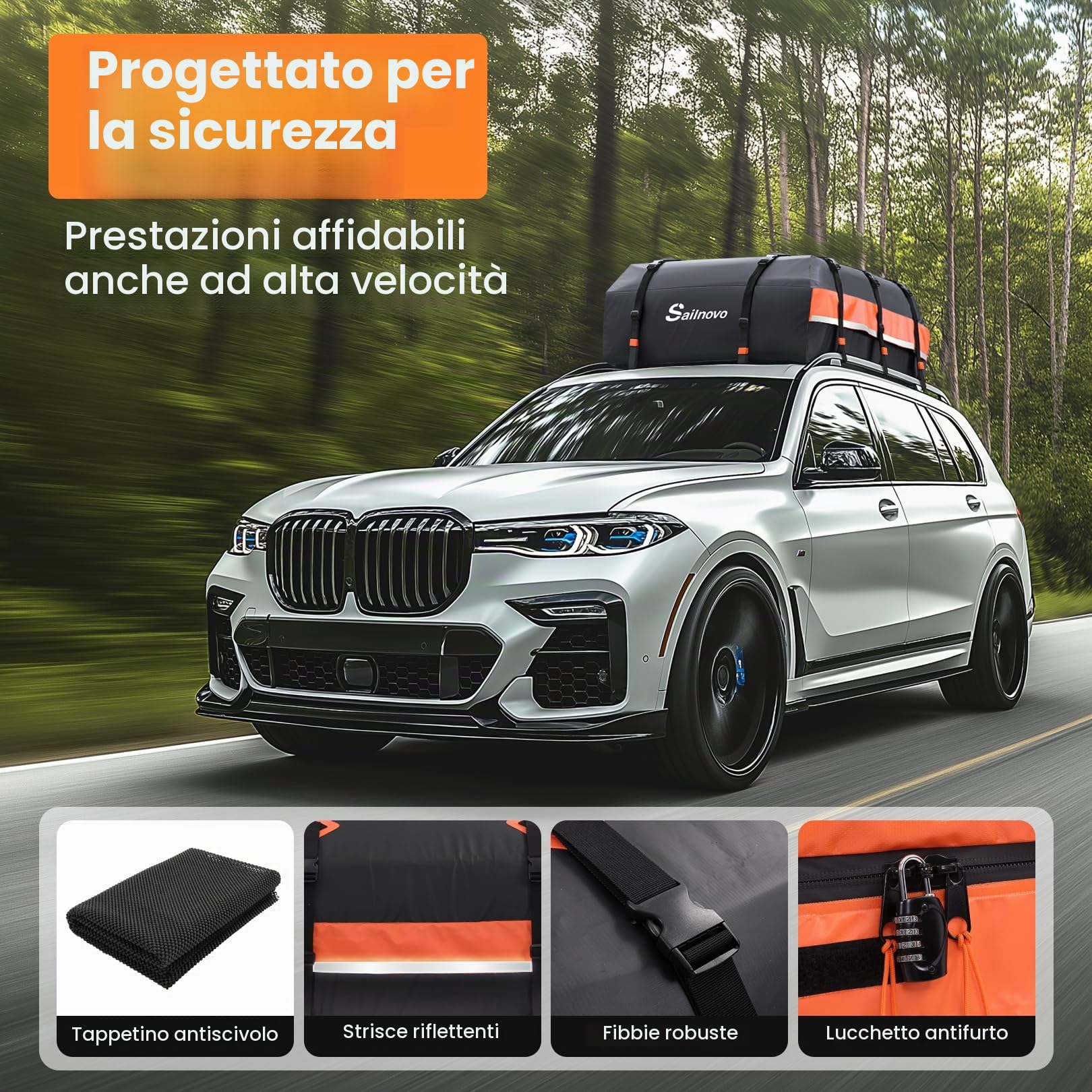 Sailnovo Box Tetto Auto Impermeabile 595L 1000D PVC, Portabagagli Auto Tetto con Tappetino Antiscivolo, 6 Ganci Portiere, Serratura Combinazione - Compatibile con/senza Barre Portatutto