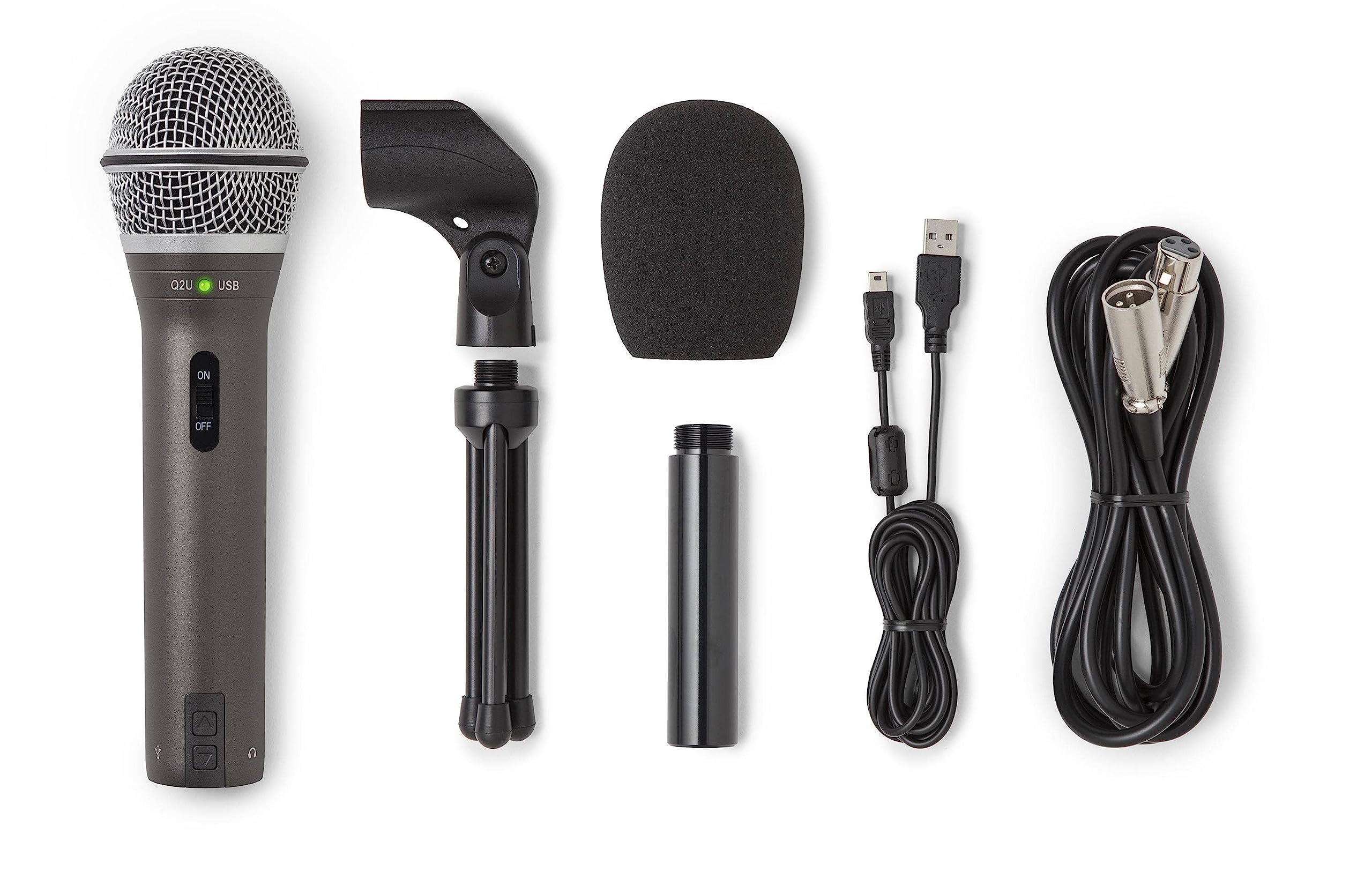 SAMSON Q2U Recording and Podcasting Pack - USB/XLR Dynamic Microphone with Accessories (Includes Mic Clip, Desktop Stand, Windscreen and Cables), 16-bit, 44.1kHz/48kHz, Silver
