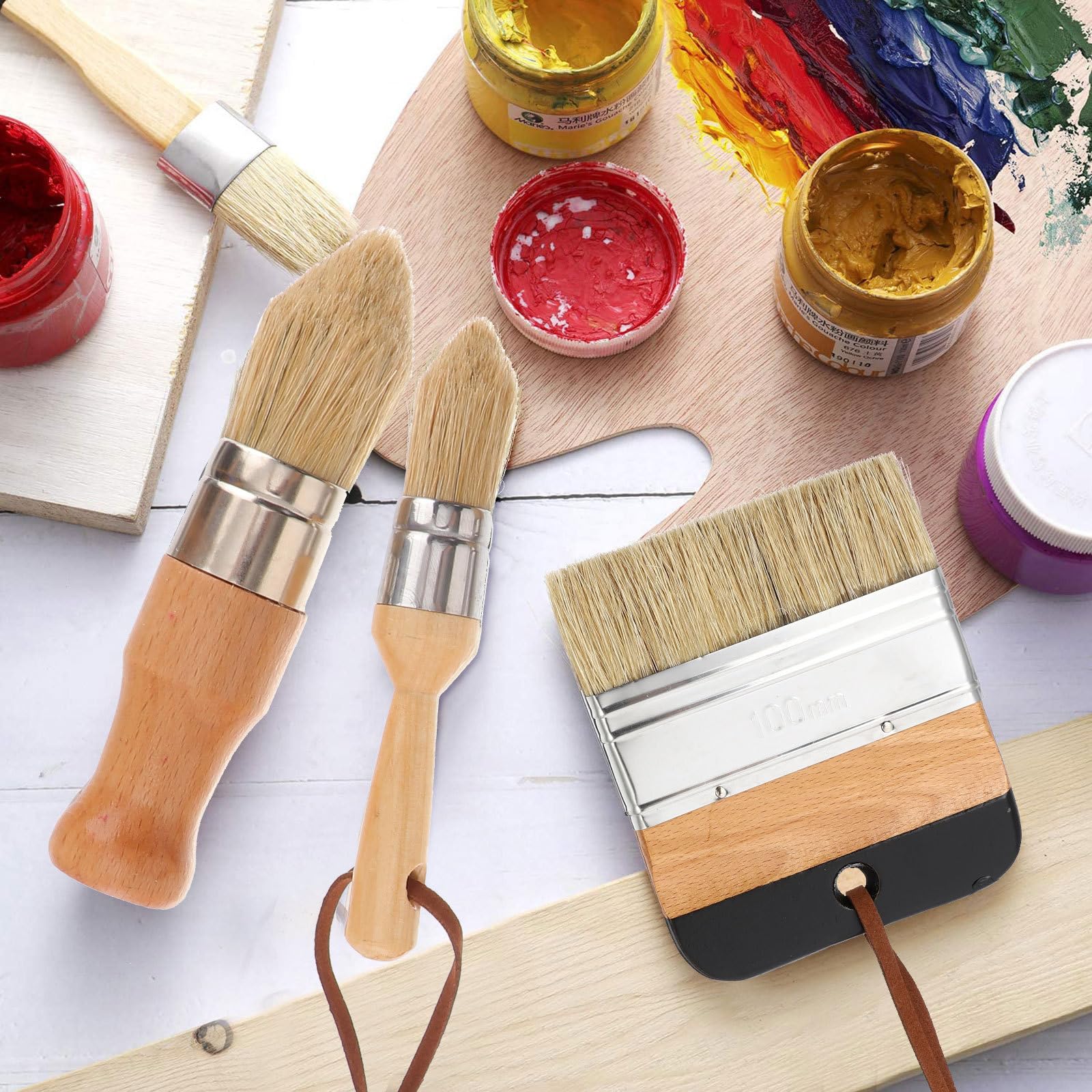 Set de Pinceaux Peinture à Poils de Sanglier Lot de 5 Bois, Brosse Ronde pour Peinture à l'huile, pour Plafonds et Meubles