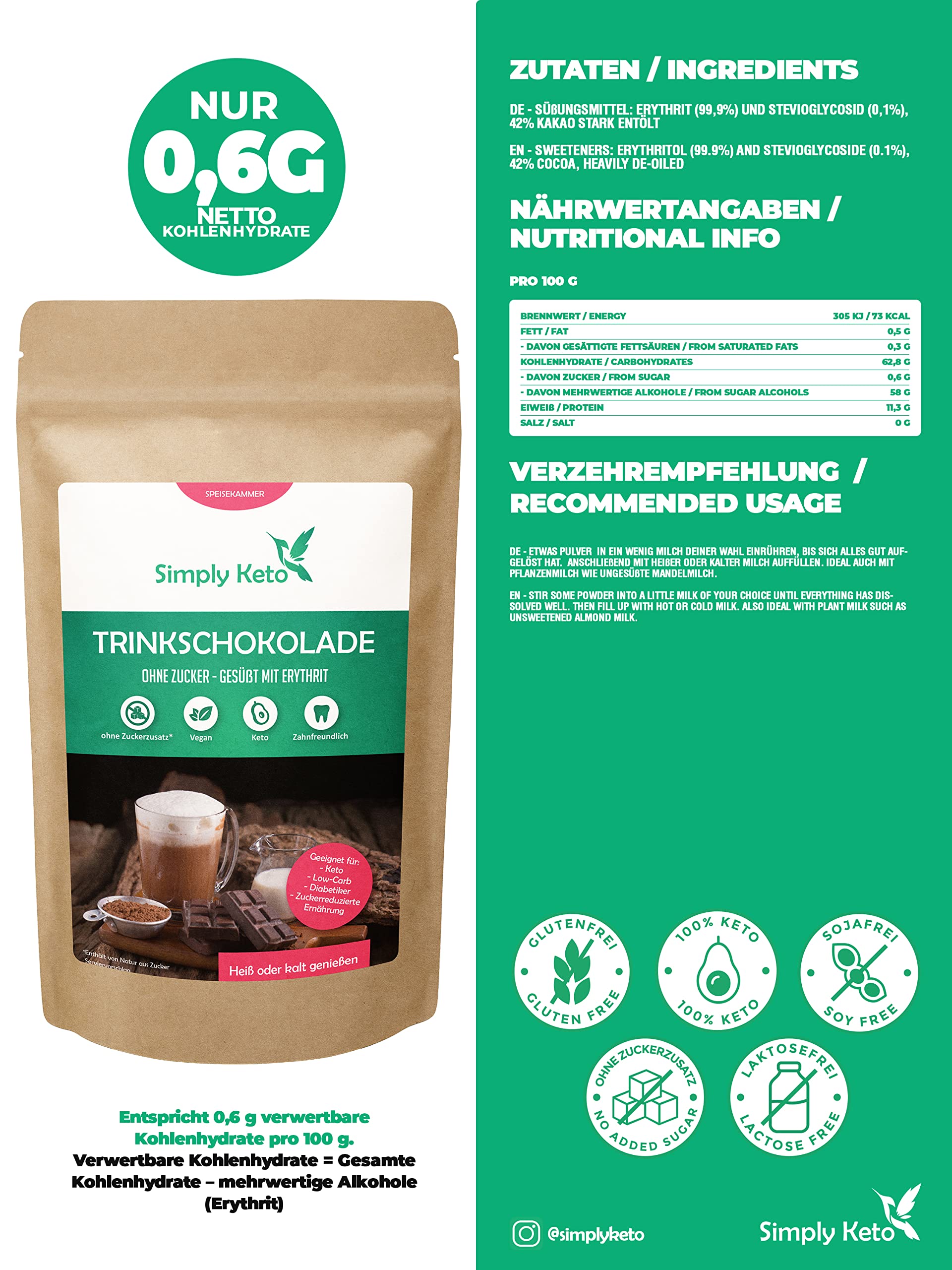 Simply Keto Chocolate para beber sin azúcar 700g Cacao en polvo 42% cacao Endulzado con Eritritol-Stevia