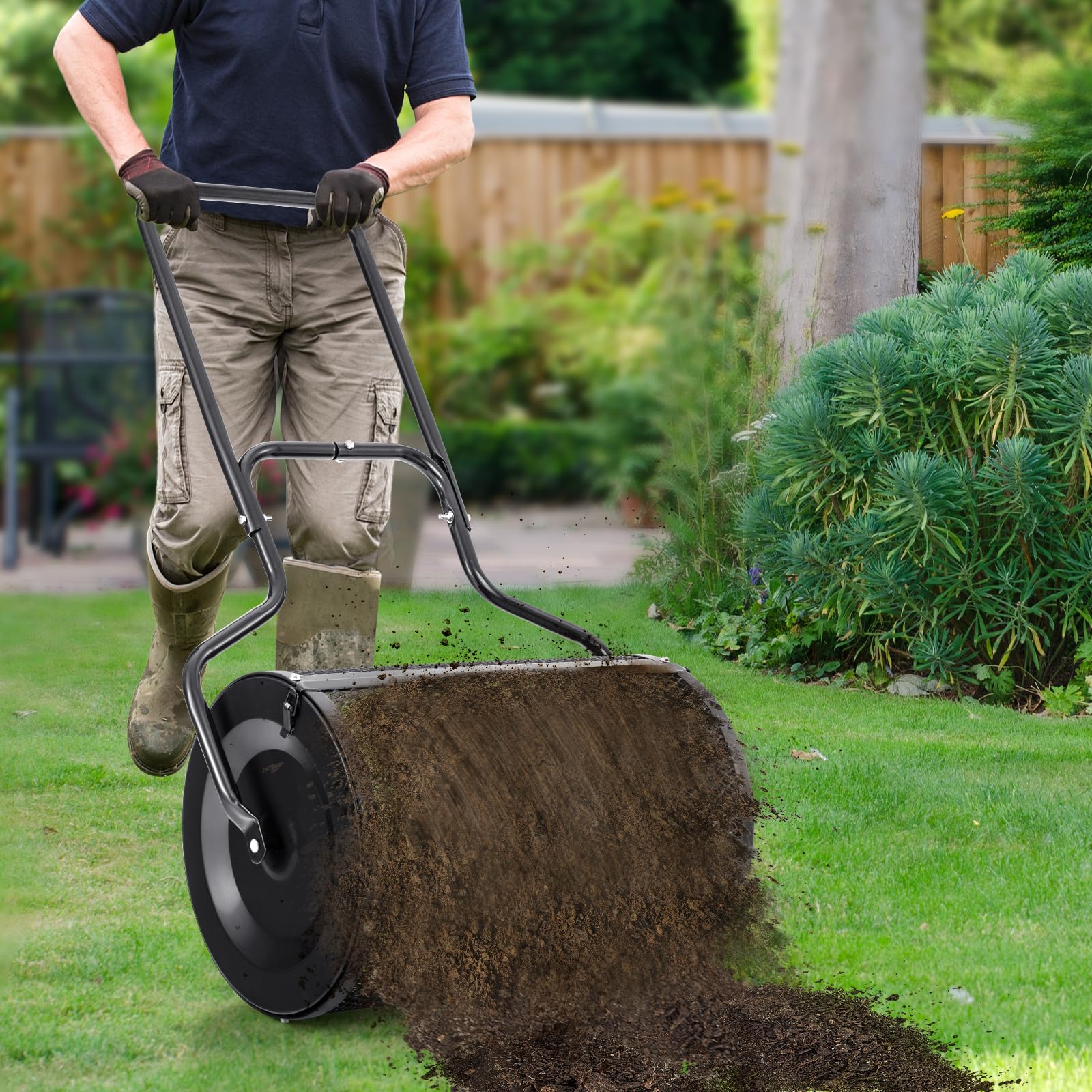 GOPLUS Épandeur de Compost d68cm pour Pelouses et Jardin, Capacité 75L, Épandeur en Treillis Métallique avec Double Loquets Latéraux, Épandeur de Fumier, de Terreau et de Paillis Roulant (Noir)