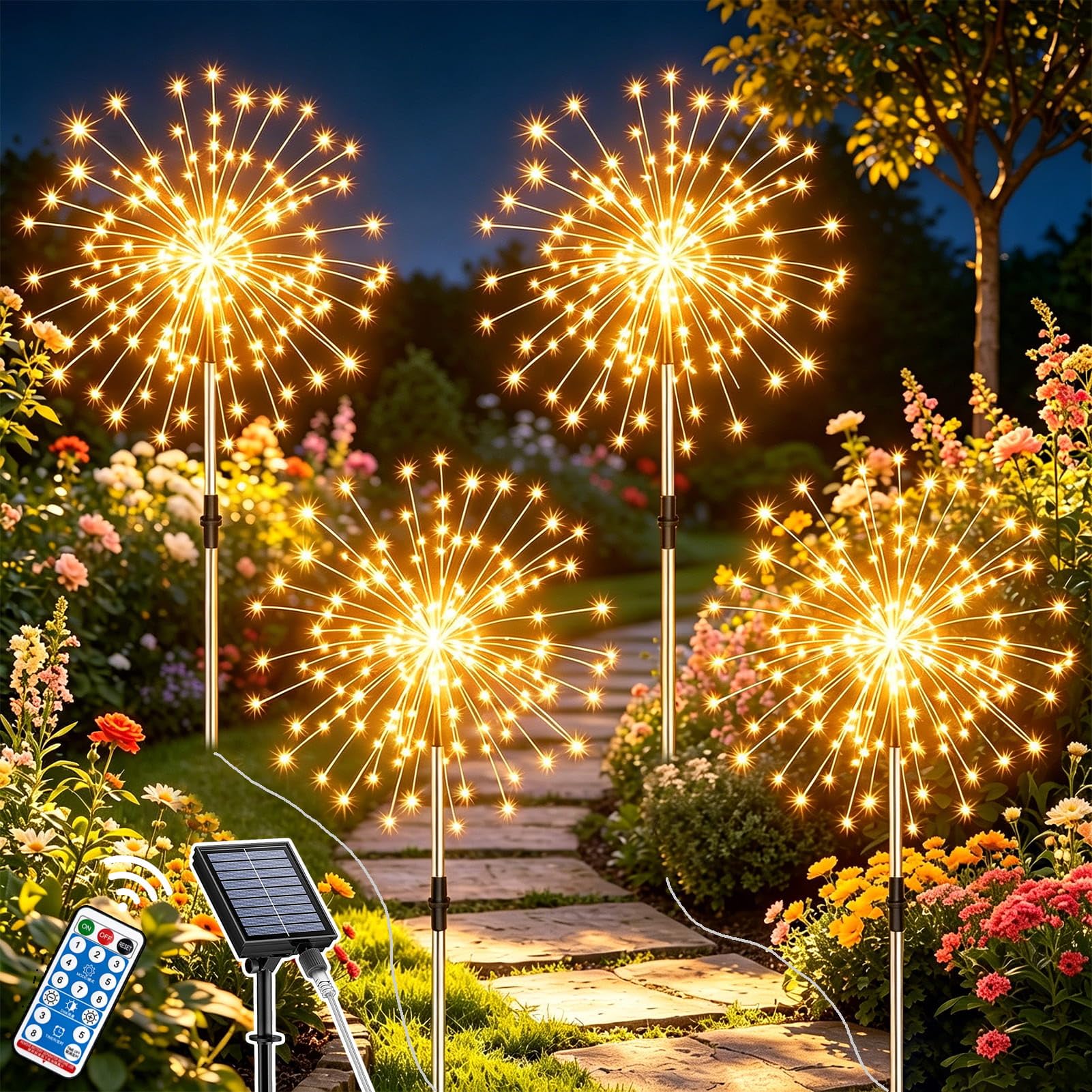 Dekofun 4 Pack Garden Solar Lights, 120 LED Firework Solar Lights Outdoor Garden with Remote Control 8 Modes, Waterproof Starburst Stake Light for Plant Pots Trough Lawn Pathway Patio Wedding Decor