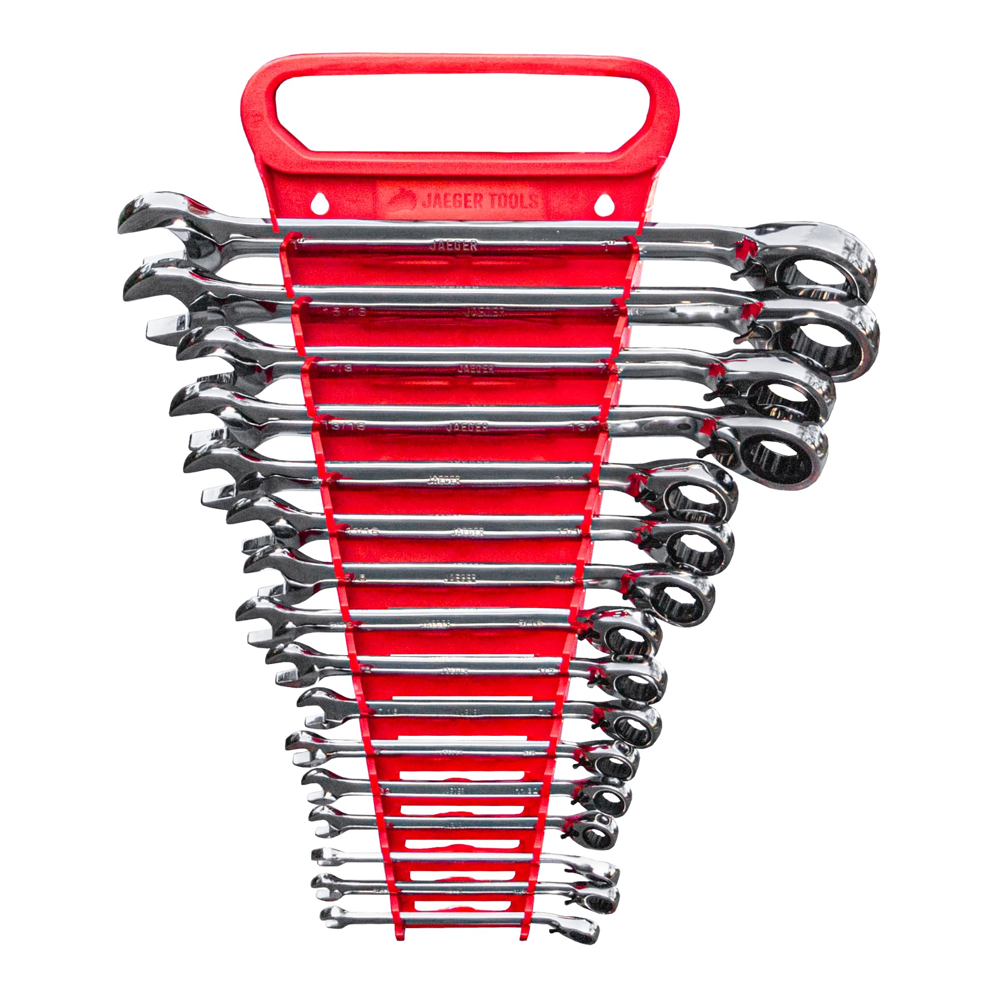 Jaeger 16Pc Inch SAE Reversible Ratcheting Combination Wrench Set with Lock in Rack Reversible Master Set with Ratchet Speed Wrenches and A Lock in Rack Case