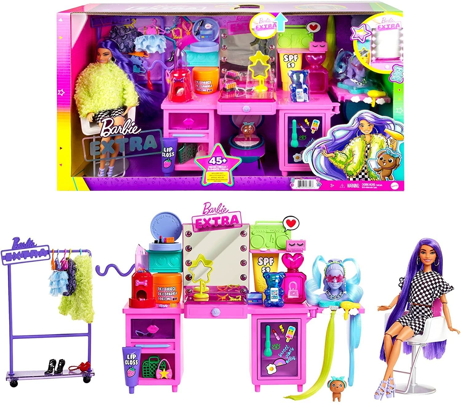 Barbie Extra Doll & Vanity Playset with Exclusive Doll, Pet Puppy