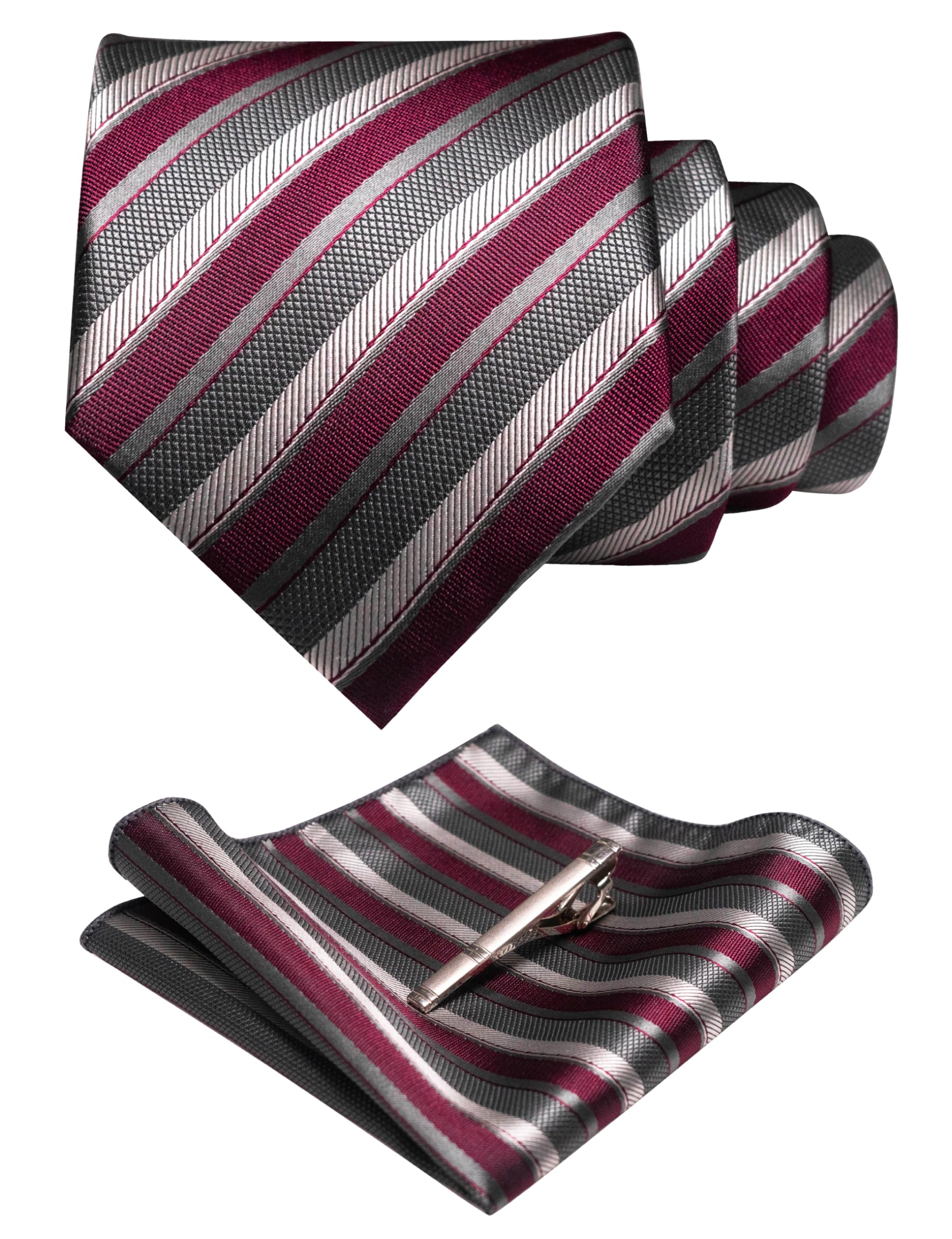 RBOCOTT Silk Stripe Plaid Tie and Pocket Square with Tie Clip Sets for Men