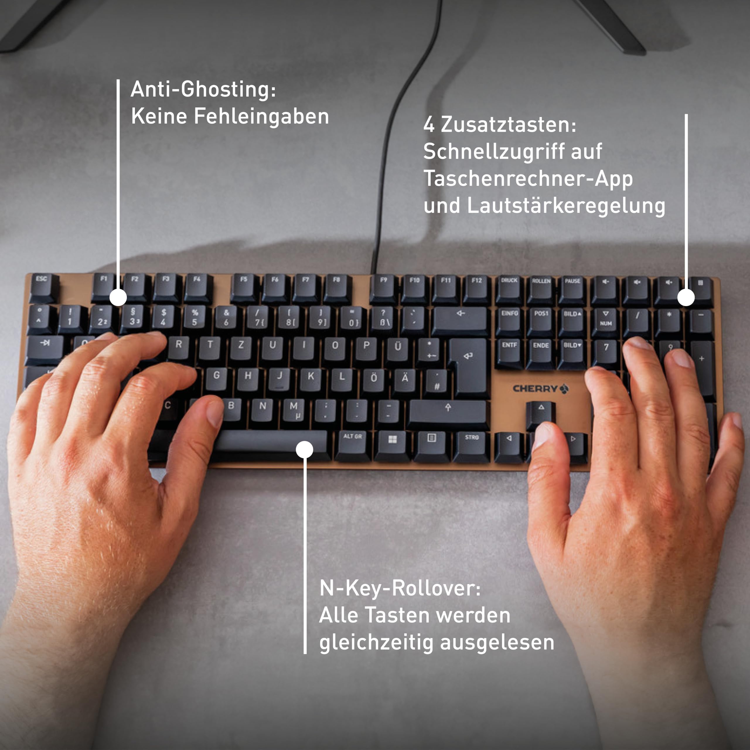 CHERRY KC 200 MX, Mechanische Office-Tastatur mit Eloxierter Metallplatte, UK-Layout (QWERTY), Kabelgebunden, MX2A Brown Switches, Schwarz/Bronze