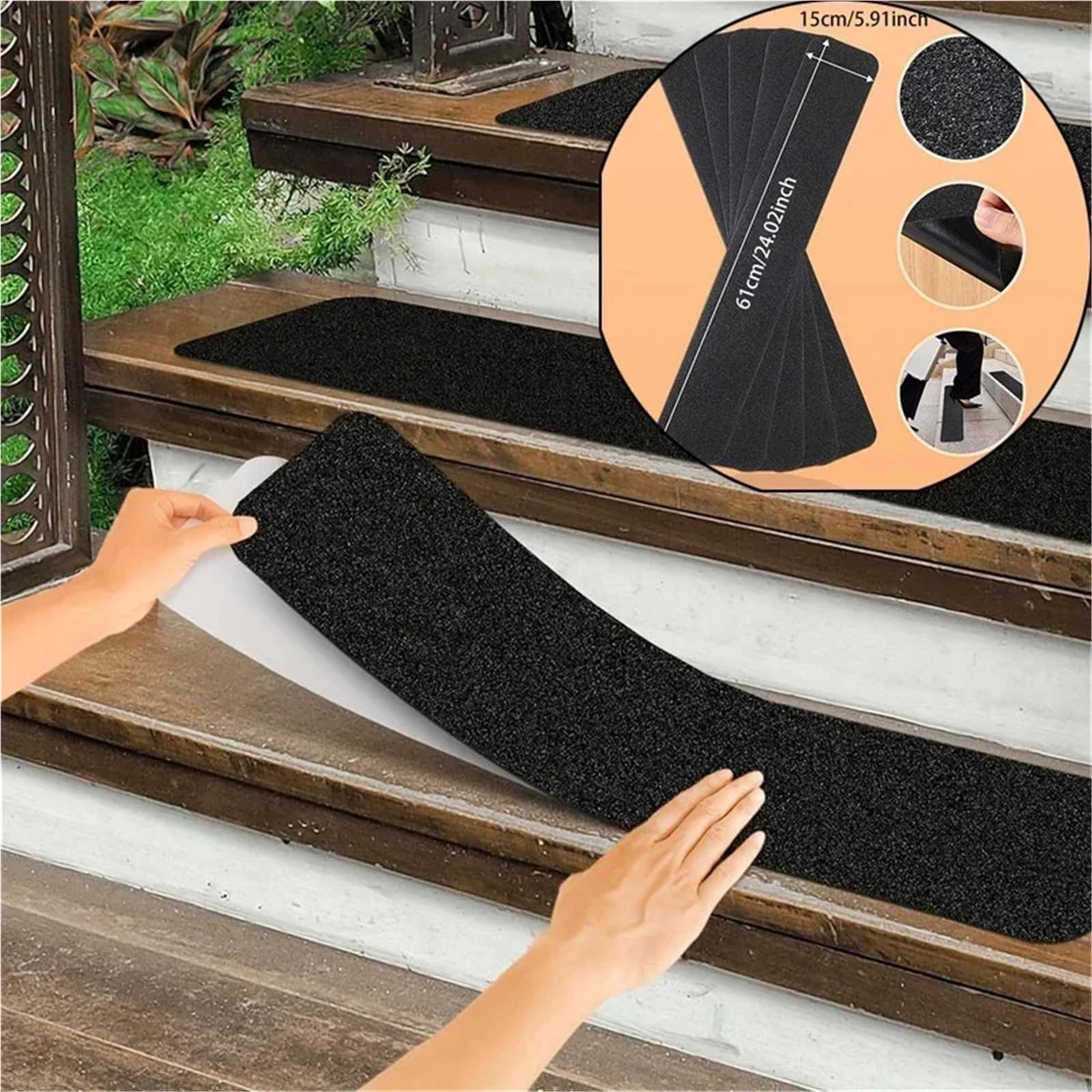 Rutschfeste Stufenmatten für Treppenstufen, selbstklebend, wasserdicht, mattiert, verschleißfest, ideal für Zuhause und Küche, Schwarz, 76 x 20 cm, sicherer Trittschutz, 15 Stück