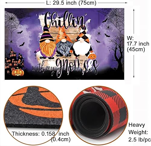Miniatura 6 de FUN WEEKEND Felpudo de goma antideslizante de Halloween con diseños de gnomo, calabaza y truco o trato. Tapete de puerta de otoño para exteriores e