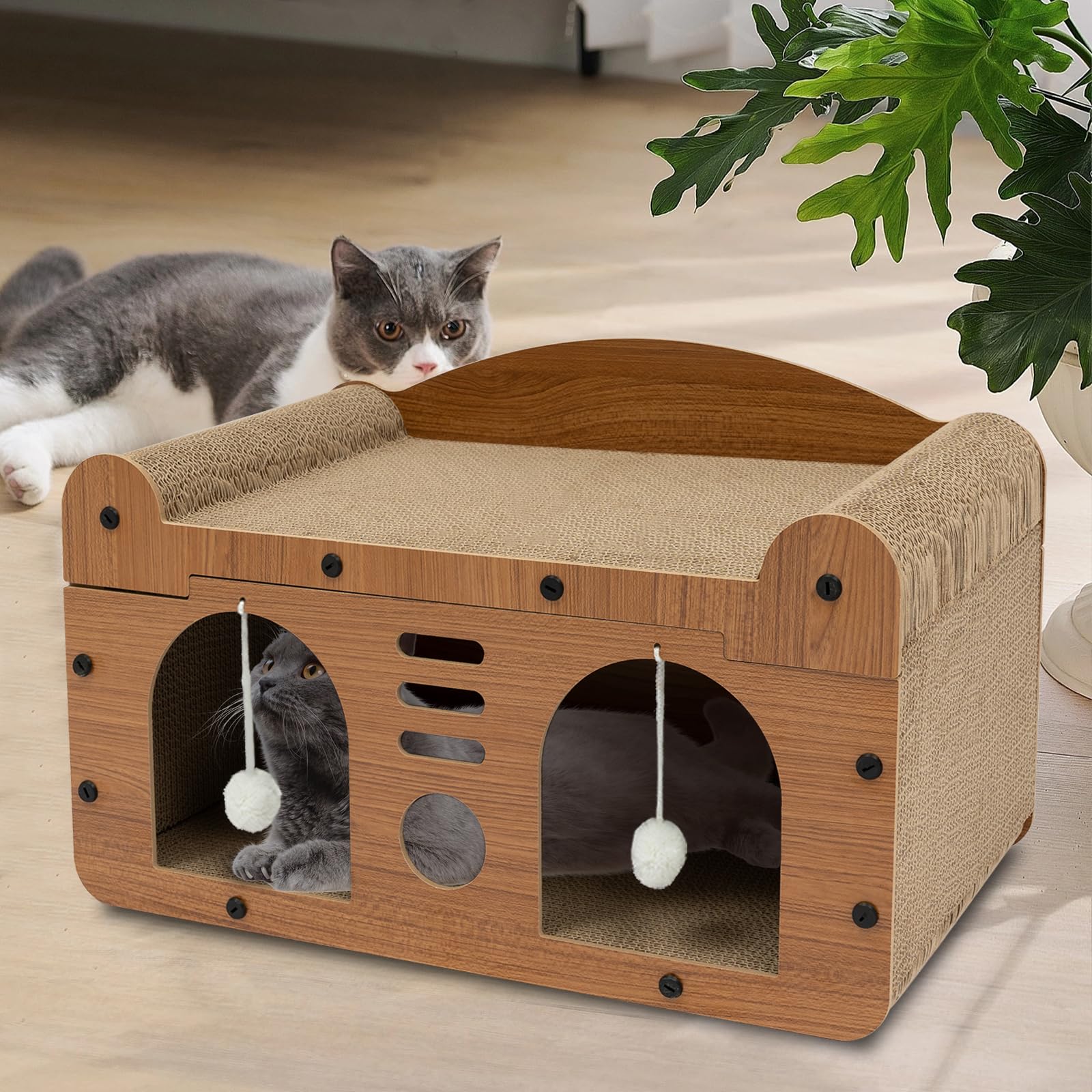 Cuccia per gatti marrone, con palline da gioco, rettangolare, cuccia per gatti, grandi porte, cuccia per gatti, case allargate e ispessite, 56 x 30 x 30 cm, facile da montare