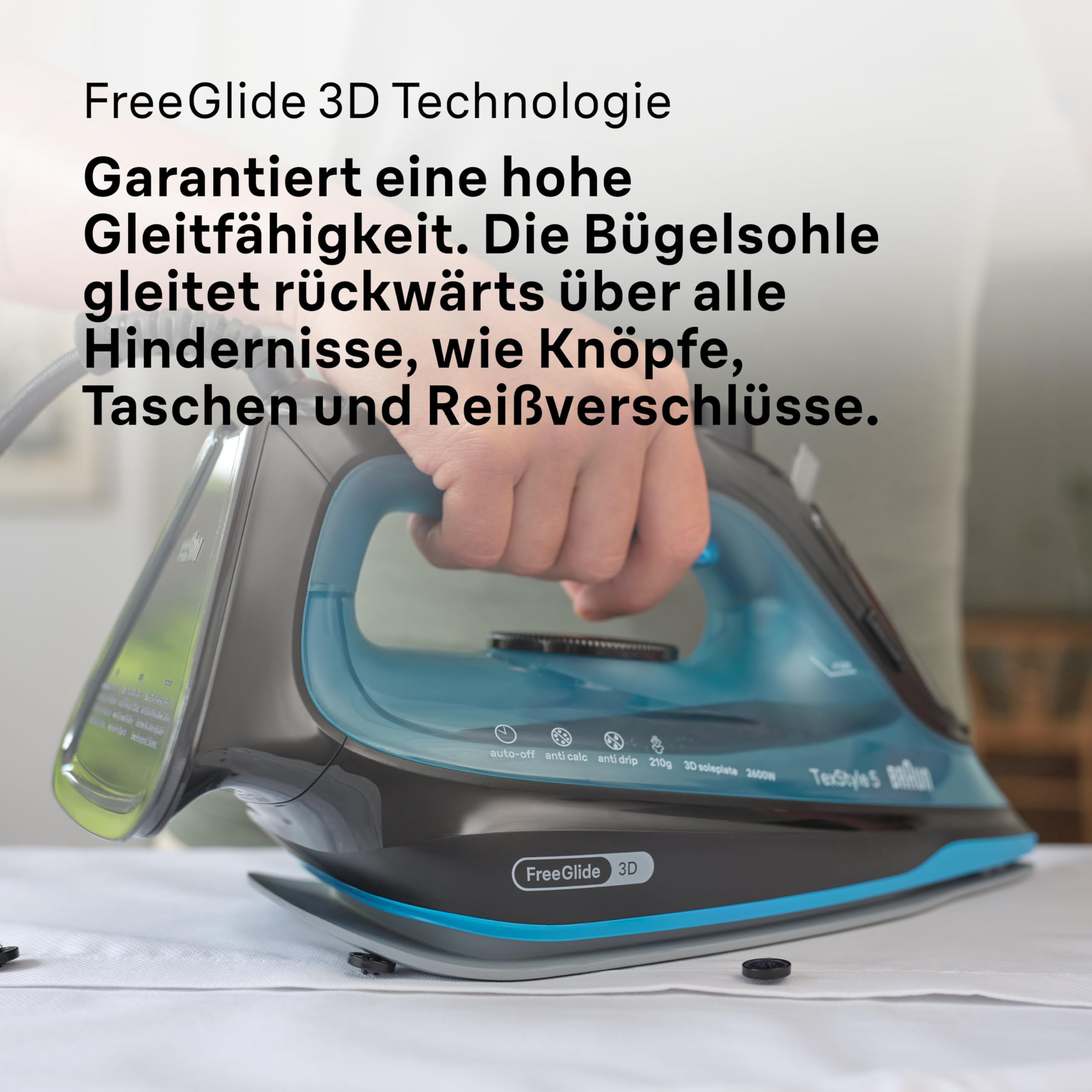 Braun TexStyle 5 SI5256 BL Dampfbügeleisen mit FreeGlide 3D Bügelsohle, Präzisionsspitze, Vertikaldampf, Anti-Tropf-System, 210 g/min Dampfstoß, 300ml Wassertank, 2600W, Schwarz/Blau
