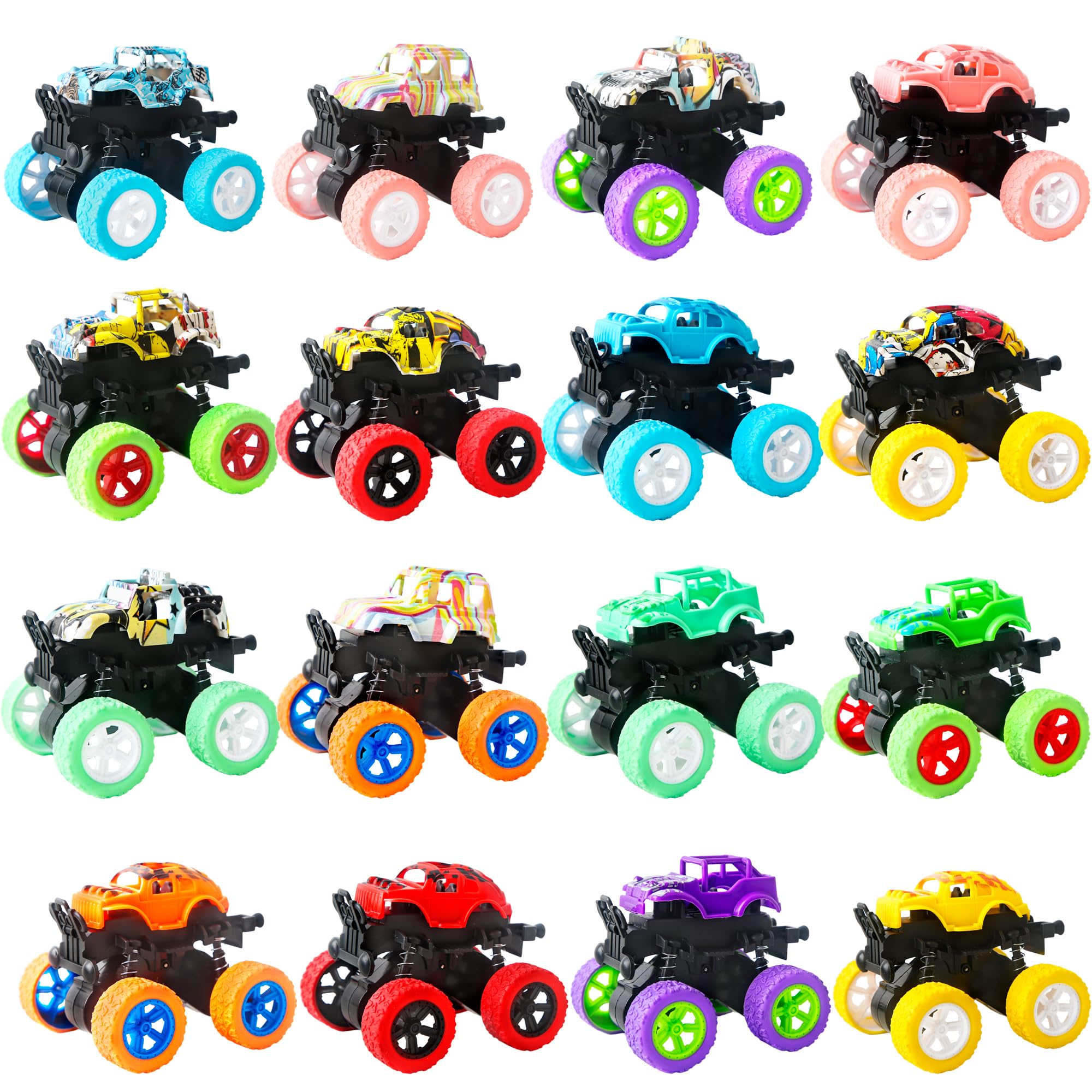 Hoarost 16 Pcs Mini Truck Toy Friction Powered Small Pull Back Truck Toys Push and Go Rotating Stunt Vehicles Toys for Boys and Girls Birthday Gifts