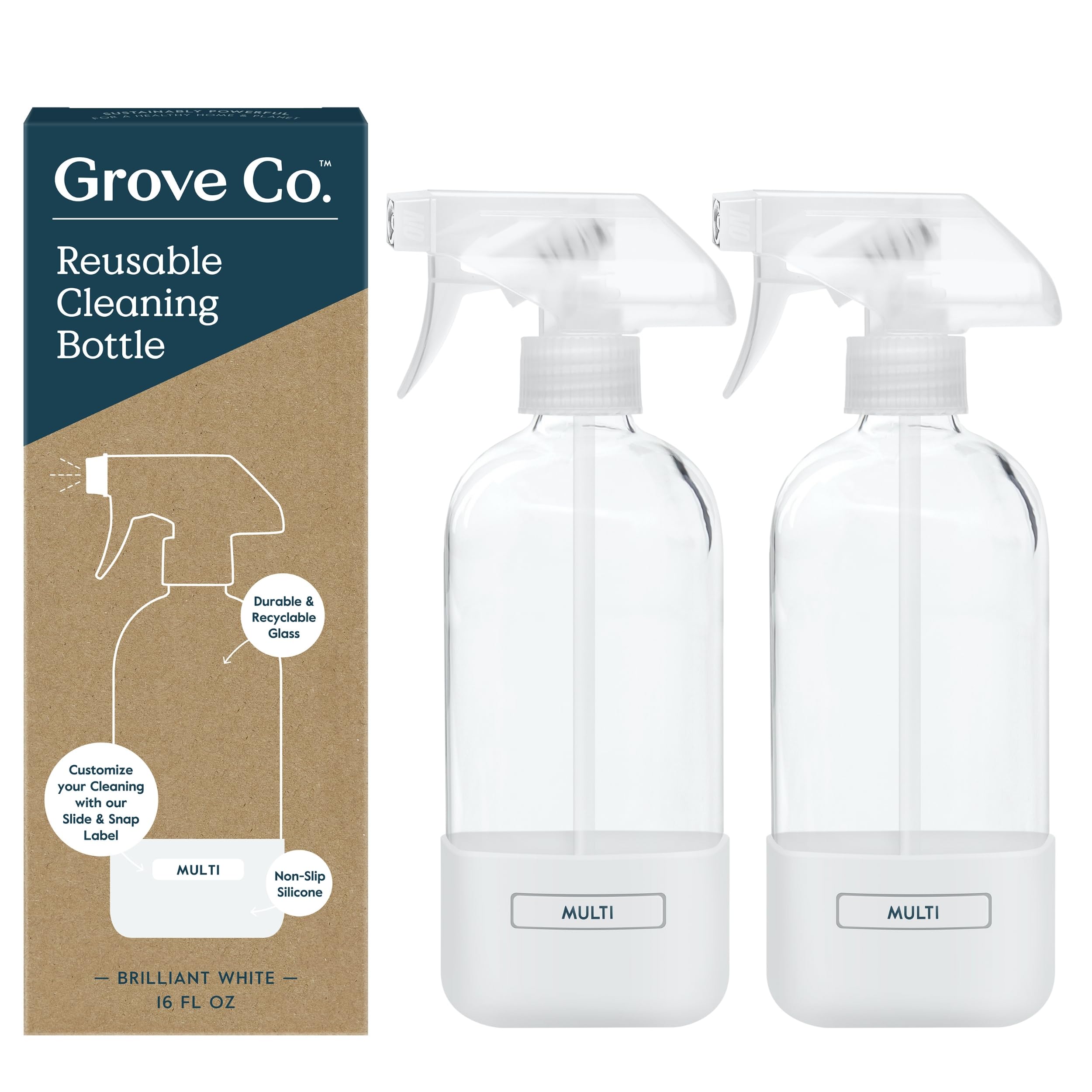 Grove Co. Glass Spray Bottles for Cleaning Solutions, 2-Pack Bundle, Unique Silicone Sleeve Slide & Snap Custom Label, Refillable Spray Bottle, Made from Recycled Glass, 2 x 16 oz