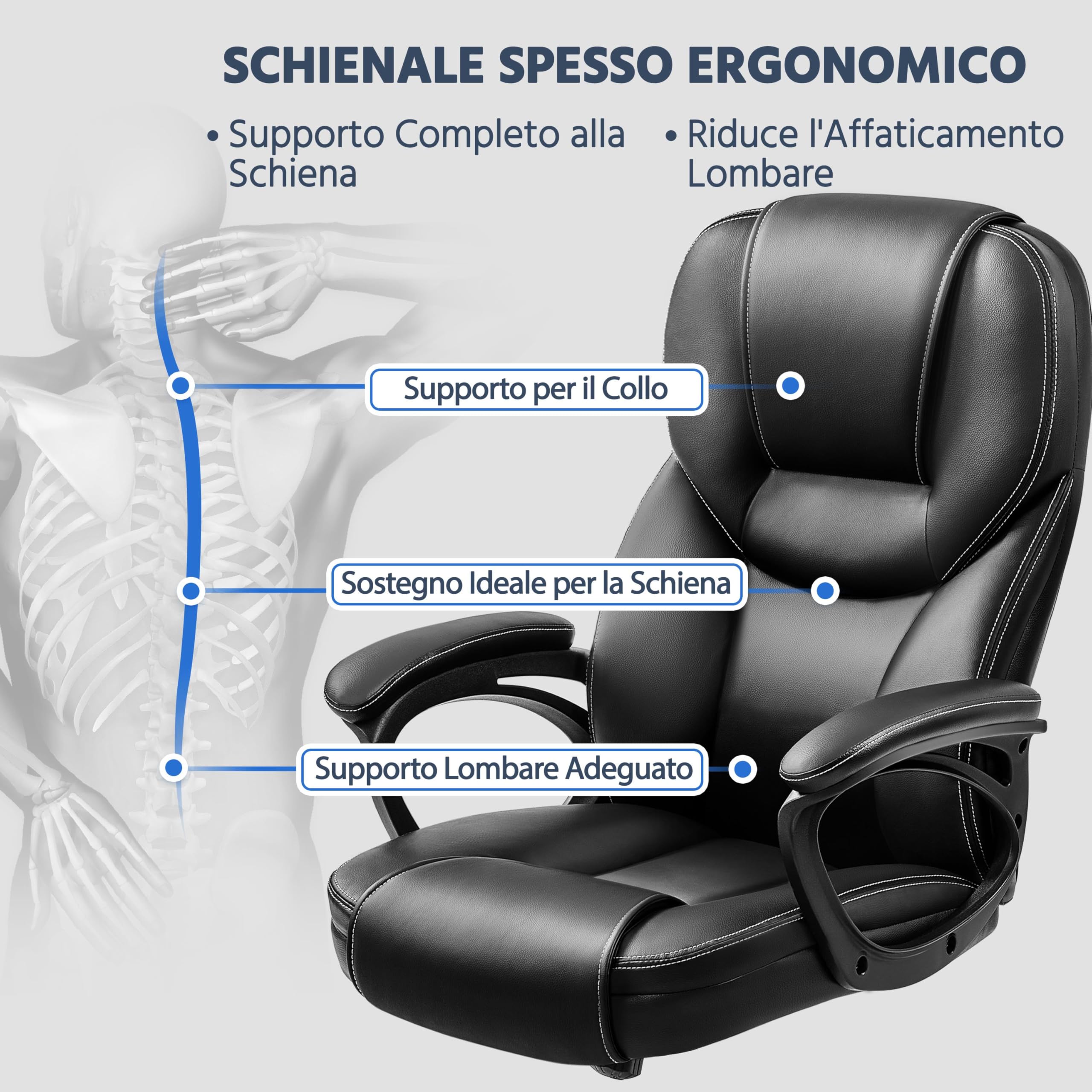 Yaheetech Sedia/Poltrona Ufficio Presidenziale Ergonomica in Finta Pelle Imbottita Sedia da Scrivania a Rotelle Girevole Reclinabile a Dondolo Altezza Regolbile Nera