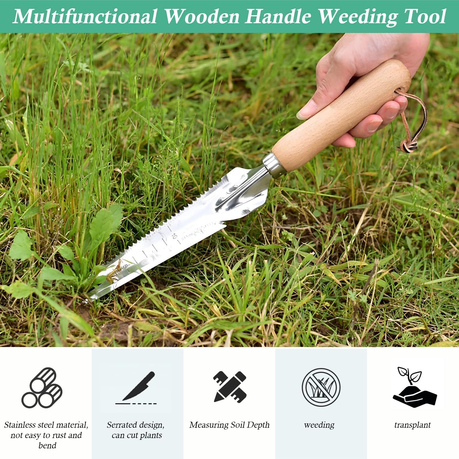 Tagliacerbacce Manuale In Acciaio Inox Con Manico Legno - Per Diserbo, Scavo, Giardinaggio, 2 Pezzi + Guanti - Foto 8