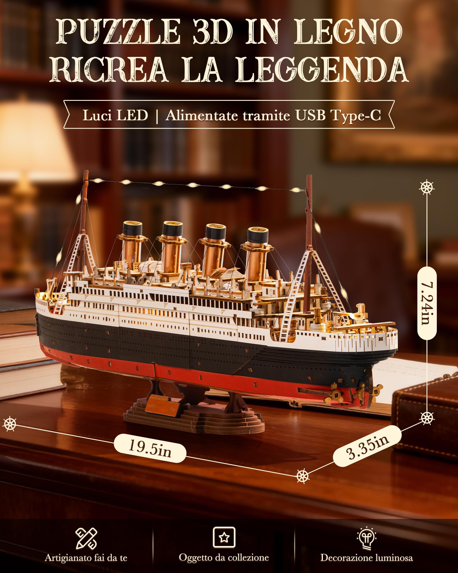 ROBOTIME Puzzle 3D in legno 1912 Eternal Atlantic Voyager, kit modello per adulti da costruire, decorazione per la casa, regali artigianali per adulti e ragazzi