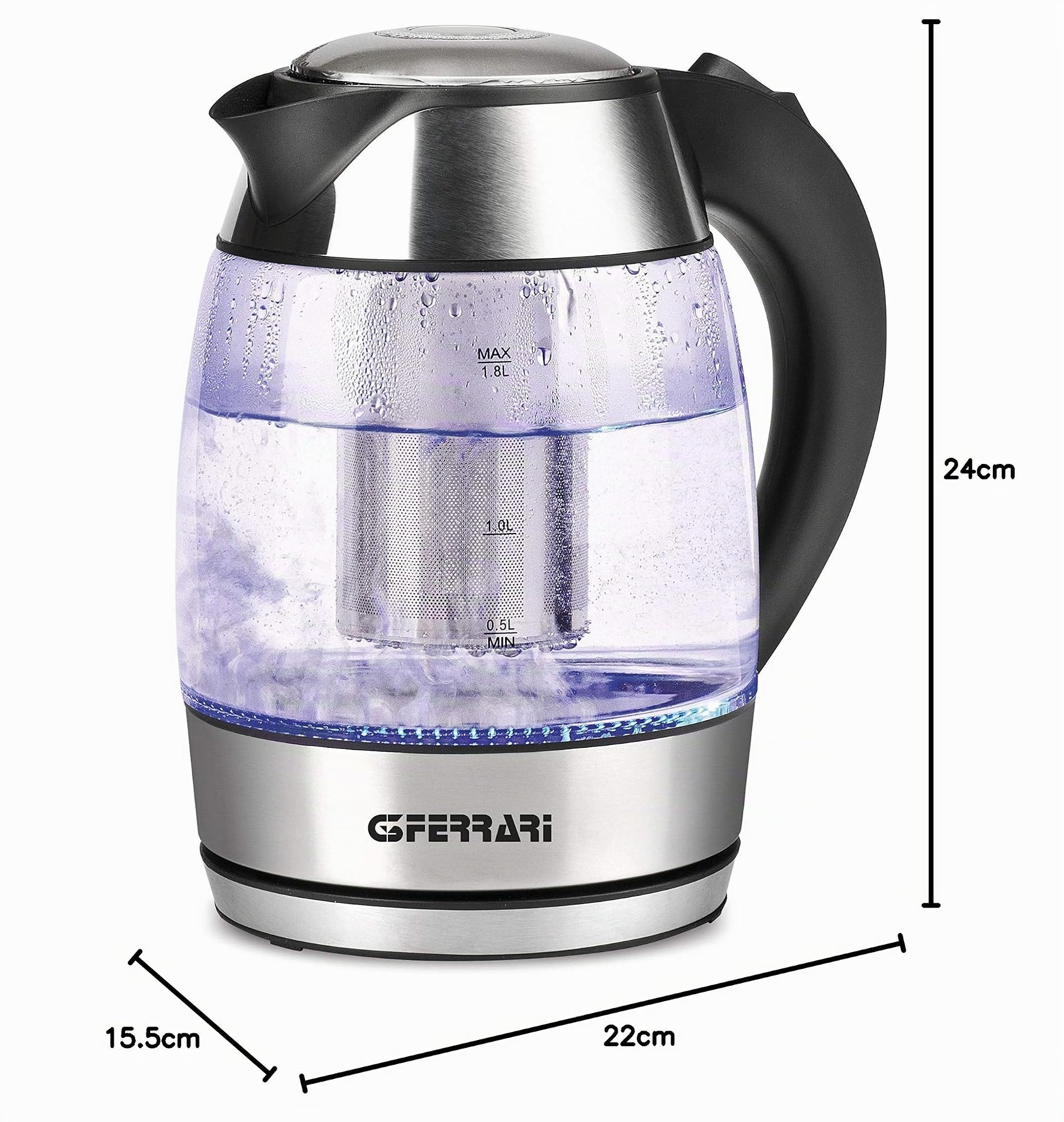 G3 Ferrari G10066 BolleBlu - Hervidor y tetera, 2200 W, 1,8 litros, vidrio, acero