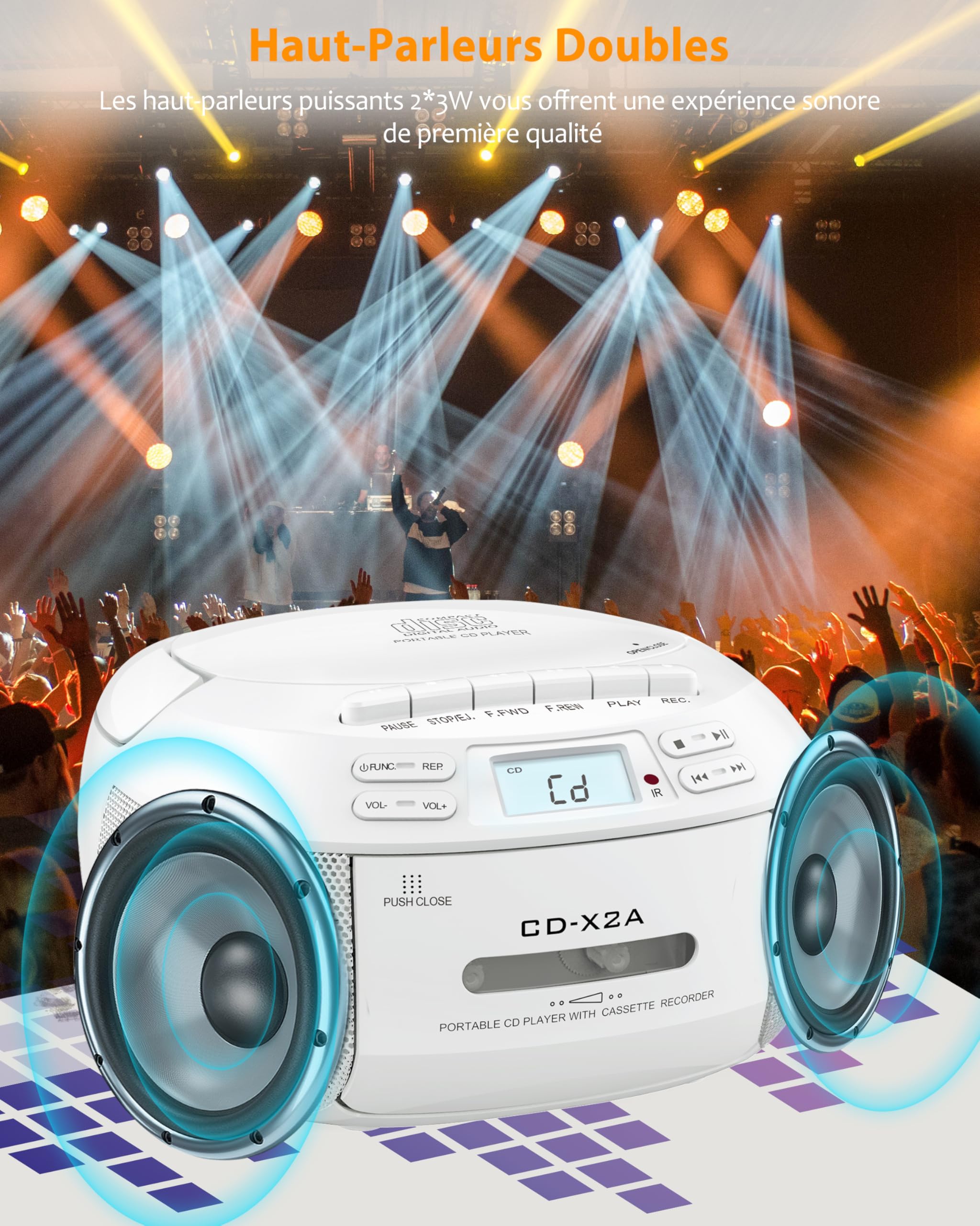 Greadio Lecteur CD Boombox avec Bluetooth, Radio FM, Lecture USB/AUX, Son stéréo avec télécommande, Enregistrement sur Bande, Alimentation CA/CC, lecteurs CD personnels pour la Maison (Blanc)