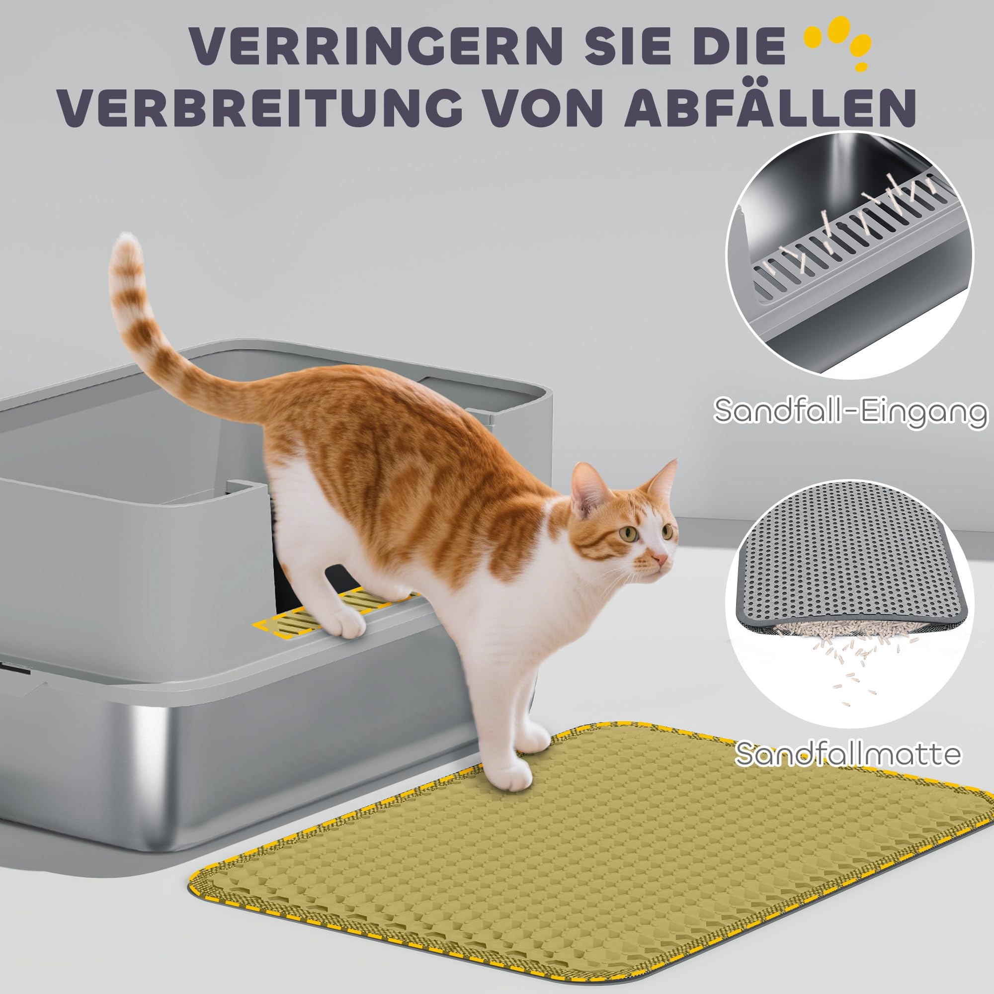 PawHut Katzentoilette XXL für Große Katzen 60,2 x 40,2 x 29,5 cm, Grau | Edelstahl, Offene Katzenklo Ohne Deckel, Mit Schaufel, Hohem Rand, Matte, Cat Litter Box, Bis 7 kg