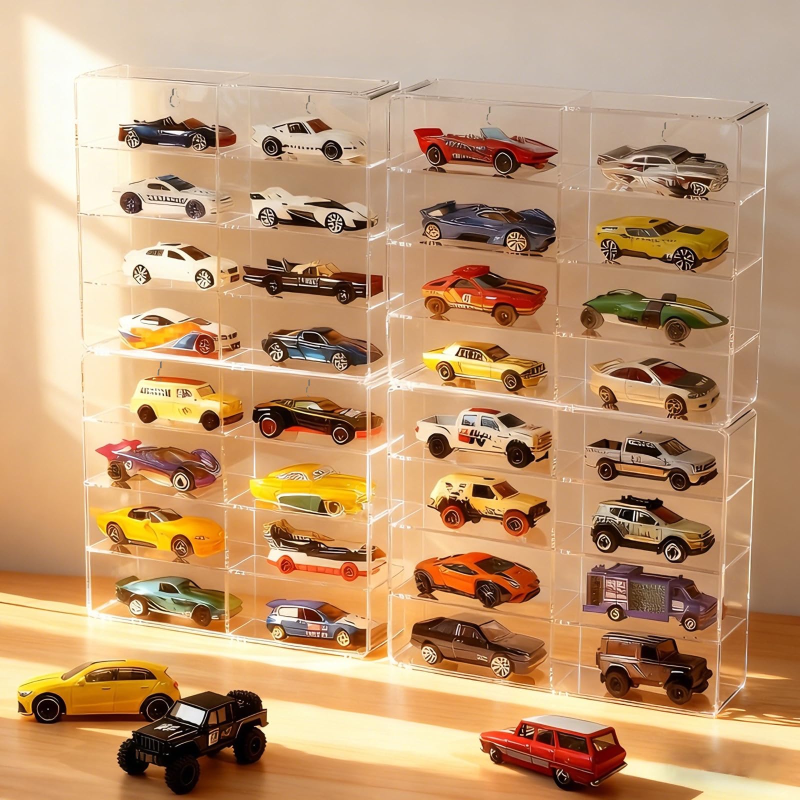 Photo 1 of 4-Pack Clear Display Case for 1/64 Scale Die-Cast Cars, Compatible with Hot Wheels & Matchbox, Wall-Mountable & Stackable Toy Car Storage Boxes, Holds 32 Cars, Dustproof, 6.5 × 7.5 × 1.6 in