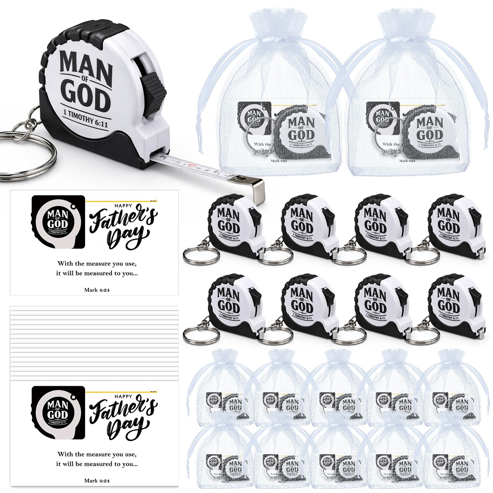 80 Sets Mann Gottes Geschenke Vatertag Mini Maßband Schlüsselanhänger Christian Einziehbares Maßband Taschengröße Messung mit religiösen Karten Taschen für Papa Kirche Pastor Pate