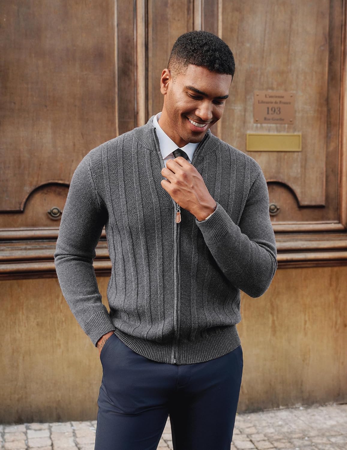 PJ PAUL JONES Men's Cardigan Sweater Full Zip Up Sweater Ribbed Knit Stand Collar Cardigans - Image 4