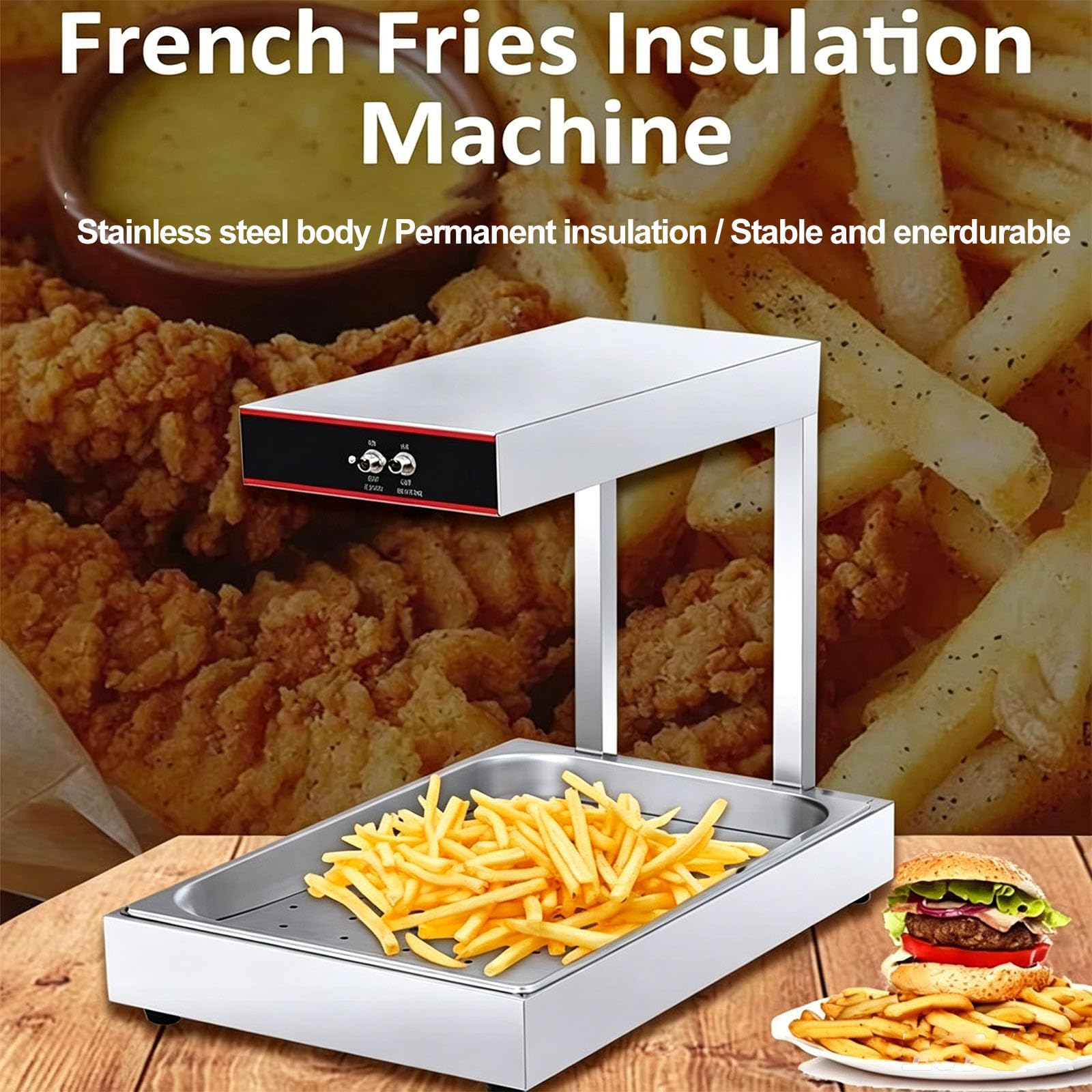 Scaldavivande Professionale per Patatine Fritte, Lampada Riscaldante | Piano di Drenaggio, Riscaldamento Rapido, Controllo della Temperatura da 30 a 110℃, Scaldavivande da Banco(silver)