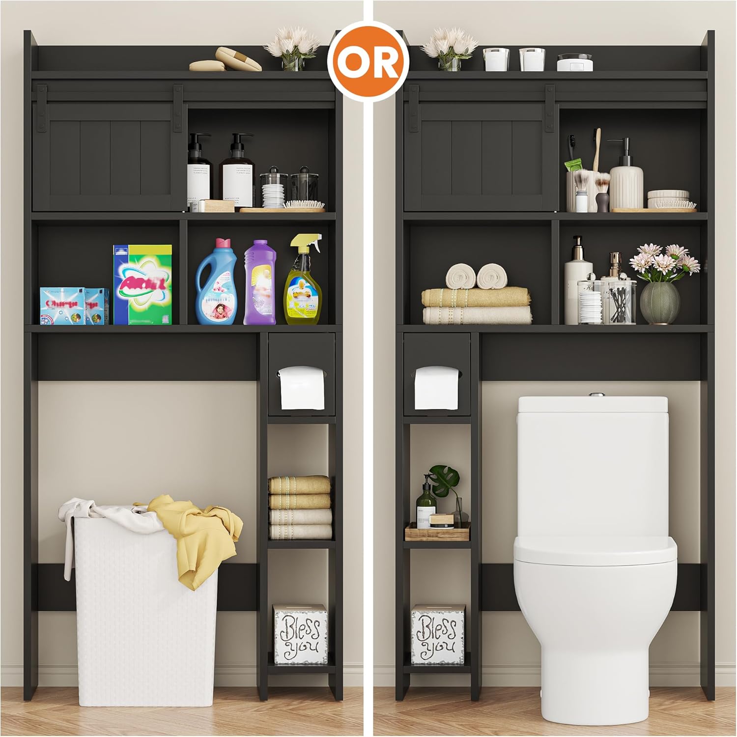 Semoic Over The Toilet Storage Cabinet, Over The Toilet Shelf with Sliding Door & Toilet Paper Holder Stand, Bathroom Above Toilet Storage, Home Space-Saving Toilet Rack for Bathroom, Restroom, Black