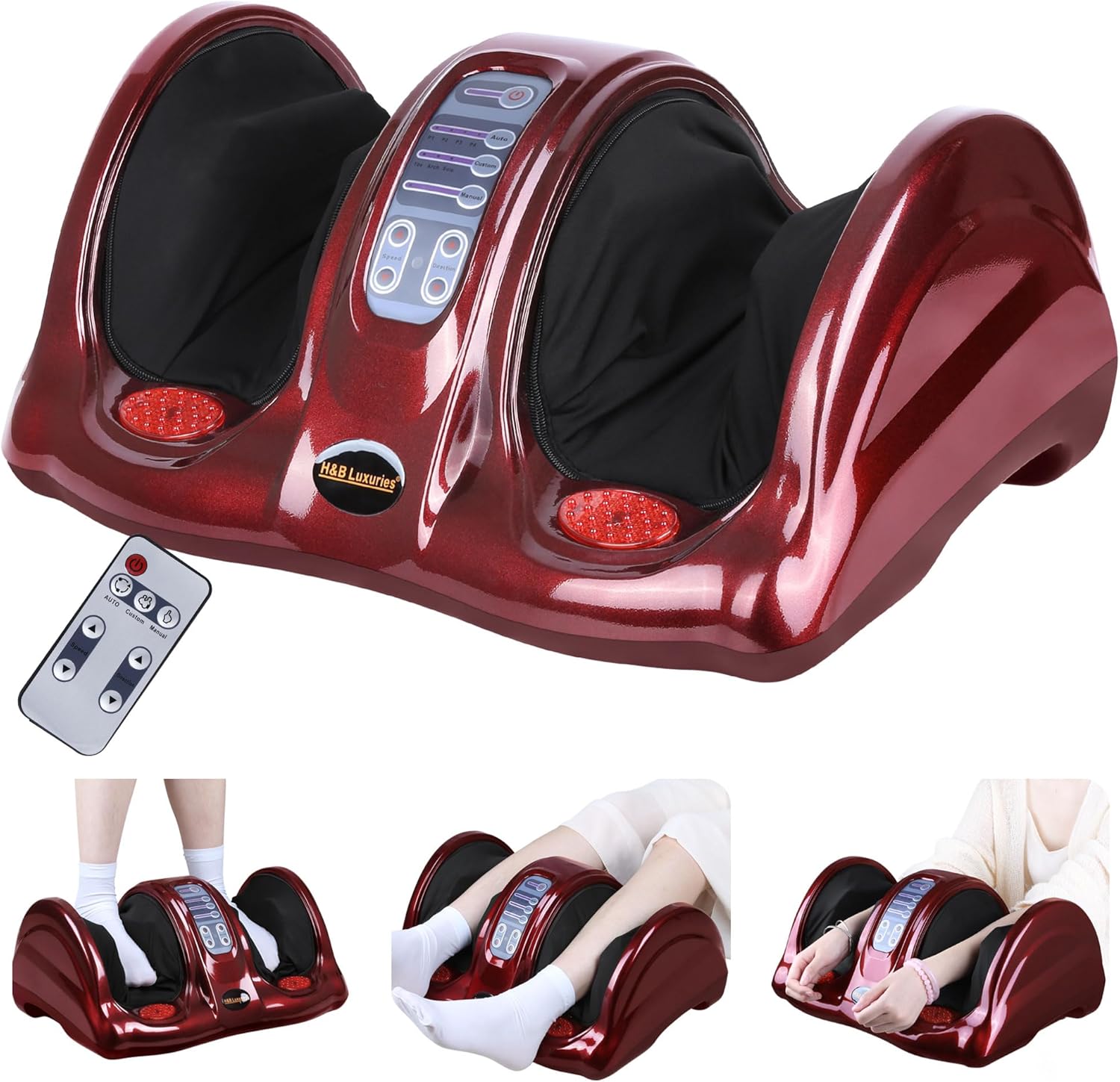 H&B Luxuries Shiatsu Foot Massager Machine with Remote Controller, Kneading and Rolling Home Massagers for Feet, Ankle, Calf, Leg, Ideally for Men, Women, Father, Mom Parents and The Elderly, Red