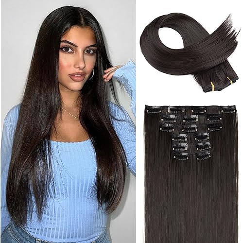 FLUFYMOOZ 6PC Clip in Hair Extensions 24" Straight Long Extensions for Women Synthetic Hairpiece (Black Brown)