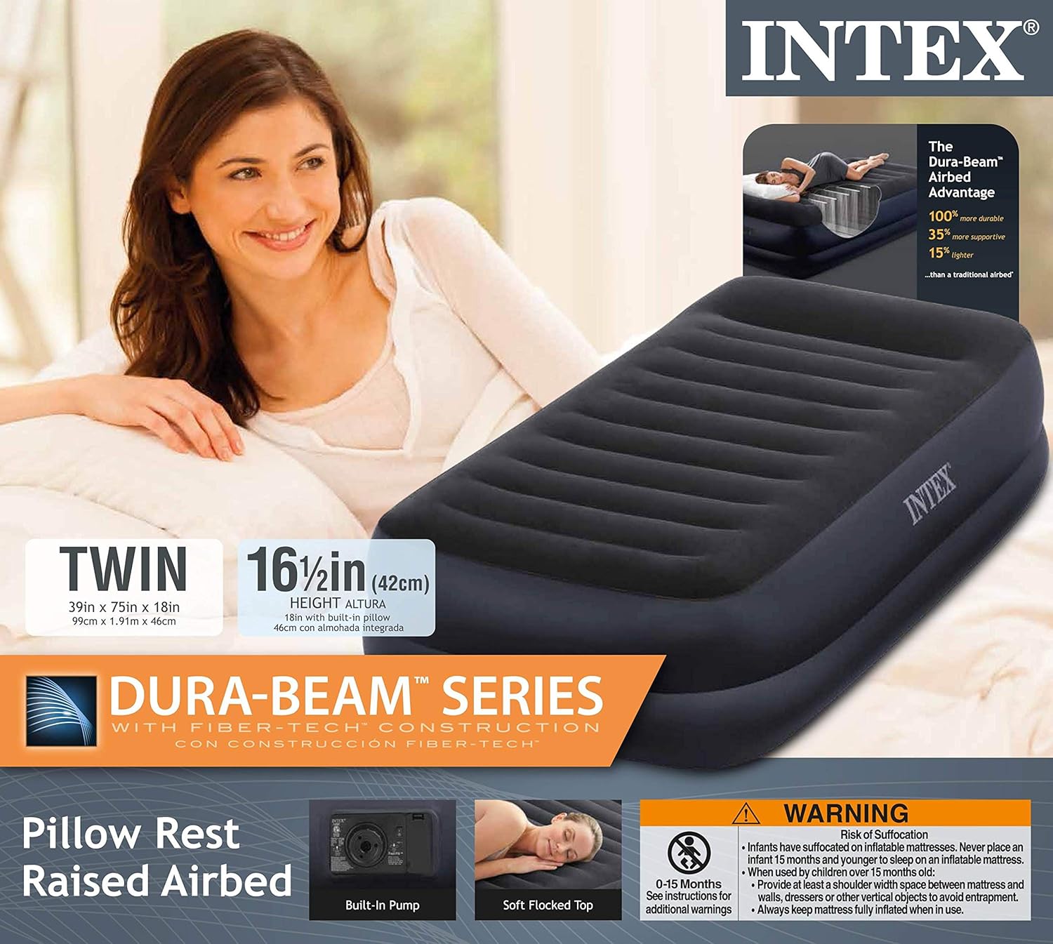 Intex Dura-Beam Series Pillow Rest Raised Airbed with Fiber-Tech Construction and Built-in Pump, Twin, Bed Height 16.5"