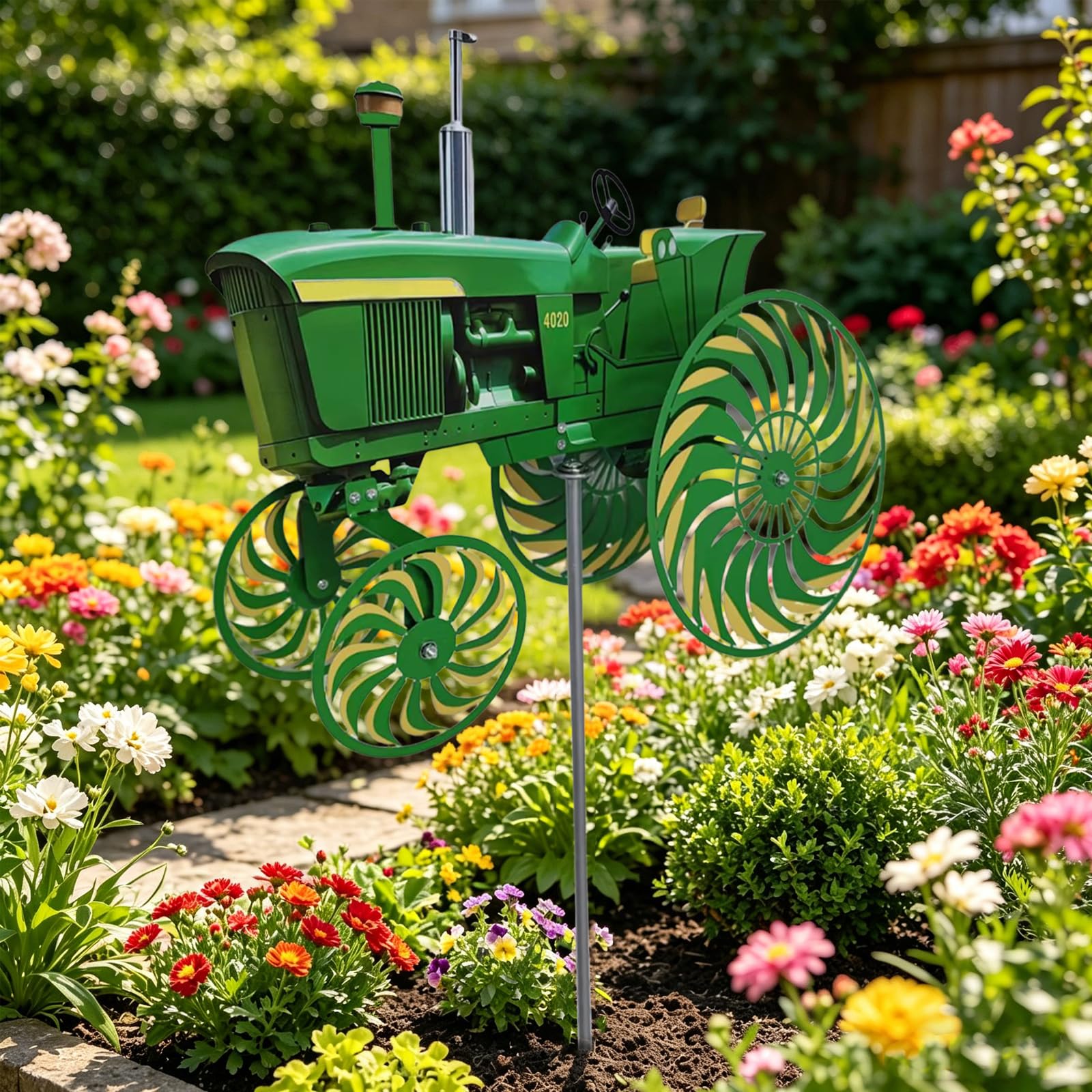 Moulin à Vent de Jardin Tracteur Vert, Ornement à Piquer avec Roue Tournante, Idéale pour Terrasse, Cour et Jardin (Vert)