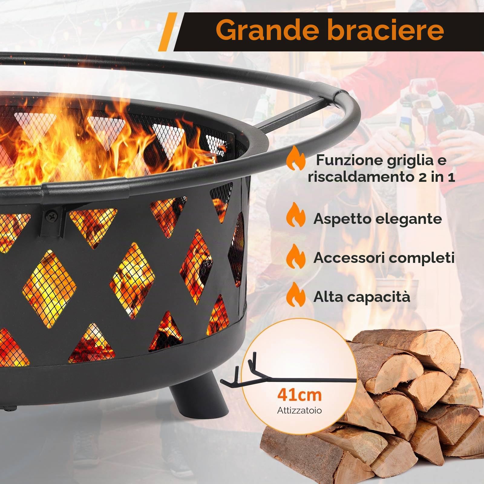 TLSUNNY Braciere con Griglia, Grande Braciere da Giardino con Parascintille & Attizzatoio, Ø 80 cm Bracieri da Esterno per Barbecue, Multifunzionale, Barbecue e Riscaldamento