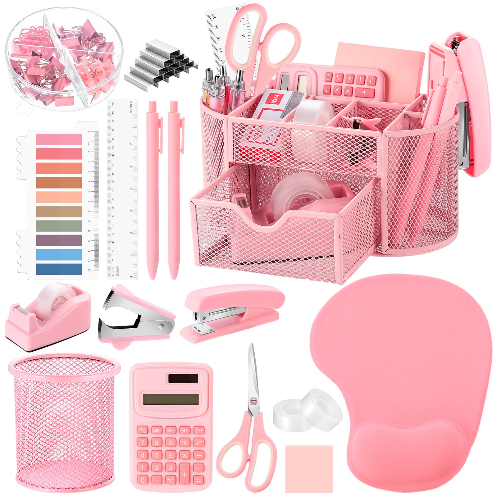 VAIPI 17 in 1 Pink Office Supplies Set Desk Organizers and Accessories with Mouse Pad, Calculator, Stapler, Tape Dispenser, Staples, Scissors, Pens, Sticky Notes, Page Markers for Office School Home