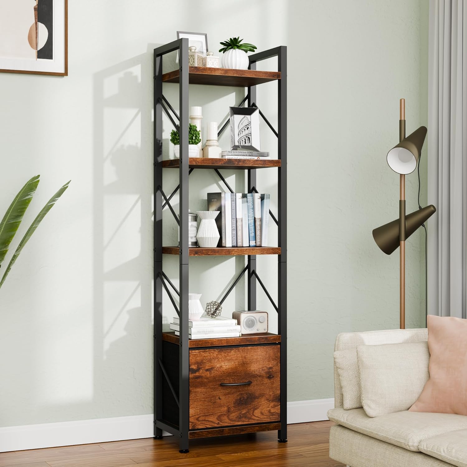 Vongrasig 5 Tier Bookshelf with Drawer, Industrial Tall Narrow Bookcase, Display Shelf Modern Wood and Metal Bookshelves, Free Standing Storage Organizer for Office, Living Room