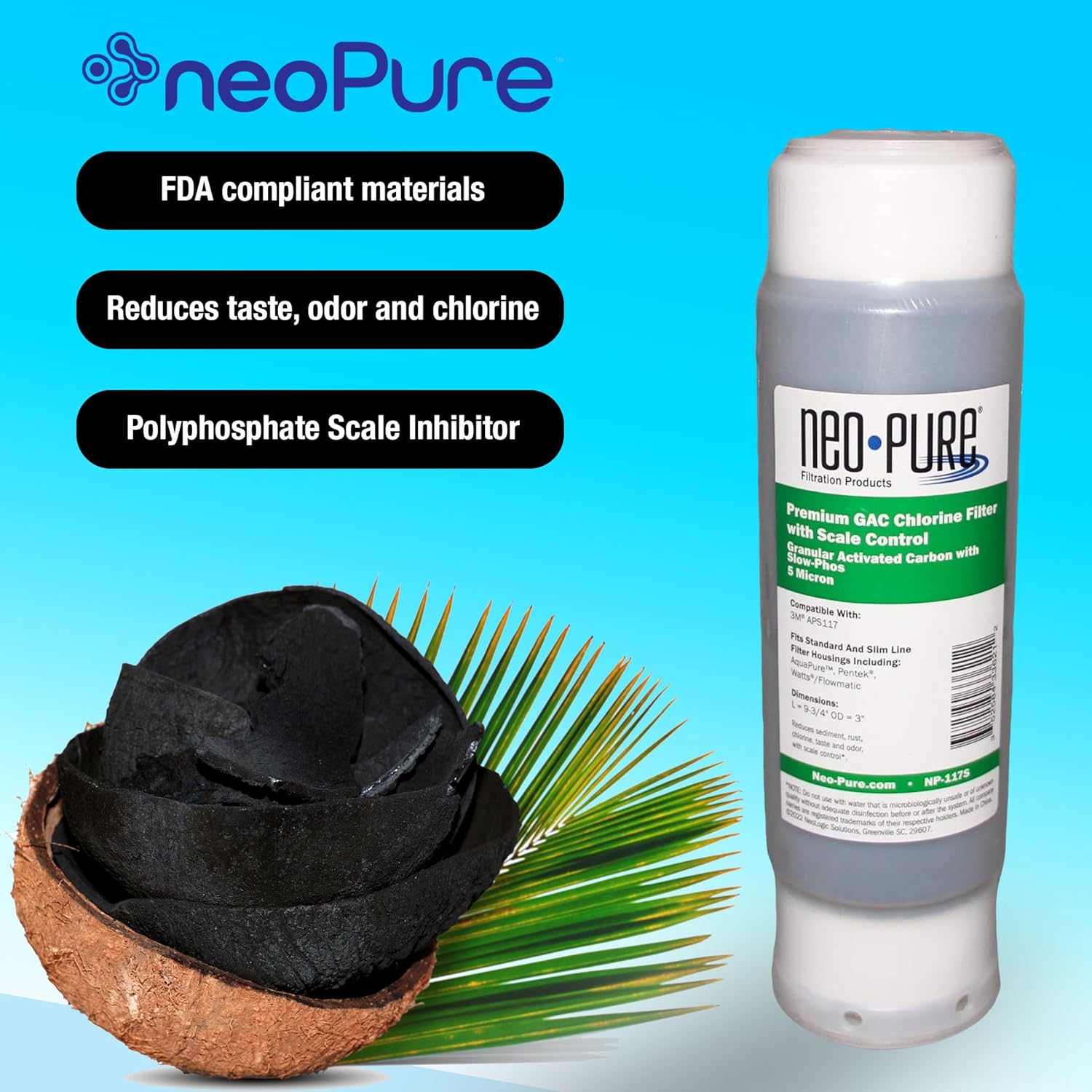 Neo-Pure NP-117S Chlorine Taste and Odor Reduction Water Filter Cartridge with Phosphate Scale Control – Compatible with 3M Aqua-Pure APS117 Systems – 2-Pack