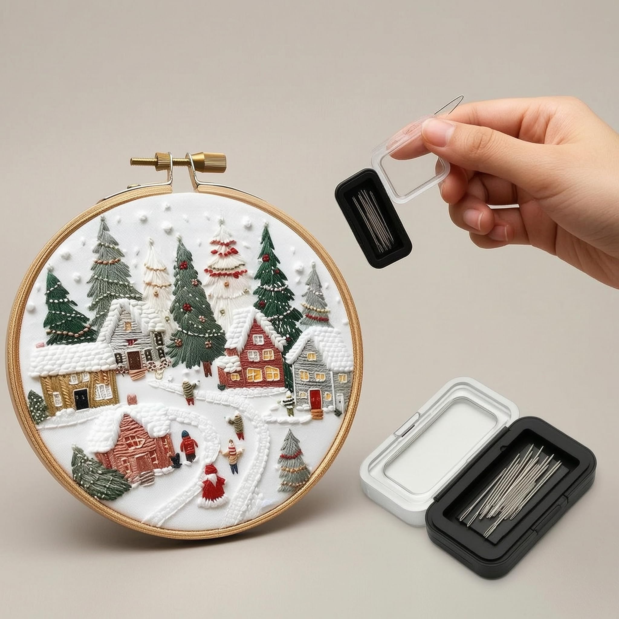 Set de Bordado Navideño con Bastidor de 20 Cm y Organizador de Alfileres para Costura con Tapa Transparente Adecuado para Principiantes Adultos y
