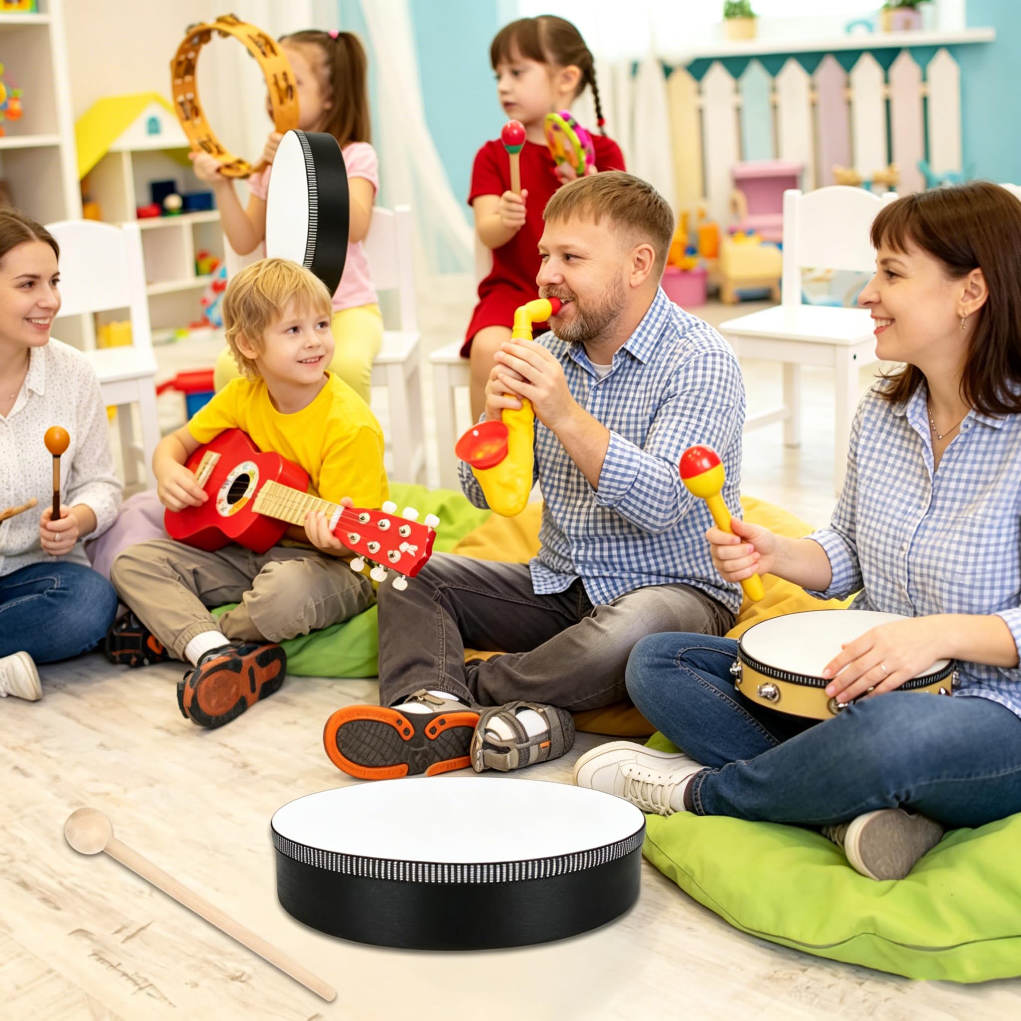 MIVIDE 4 Stück Handtrommel mit Schlägel, Tamburin Trommel, Tambourin Percussion, Holz Handtrommel Set für Party, Leistungen(4zoll, 6zoll, 8zoll und 10zoll)