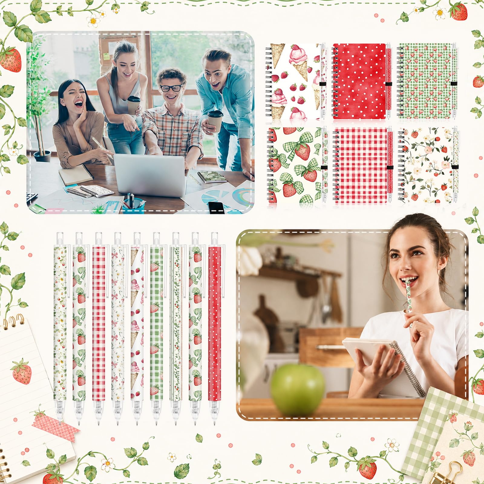 Fumete 9 set di quaderni a spirale con penne a sfera retrattili, formato A5, grazioso diario con fragole, set di cancelleria per il ritorno a scuola, ufficio, dipendenti, insegnanti, apprezzamento per