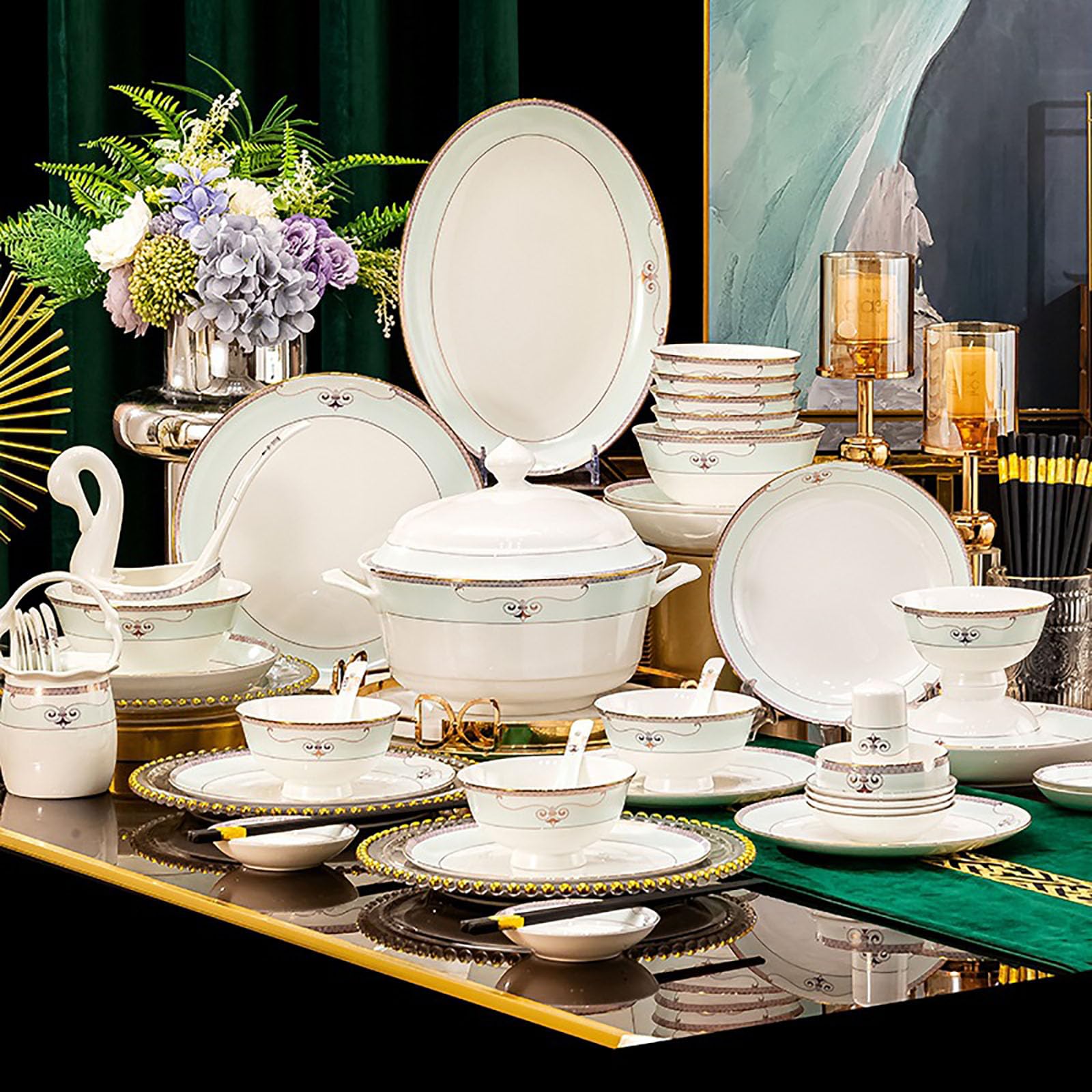 Amazon.co.jp: 食器セット、ボーンチャイナ 59 点セット、8～10 人用