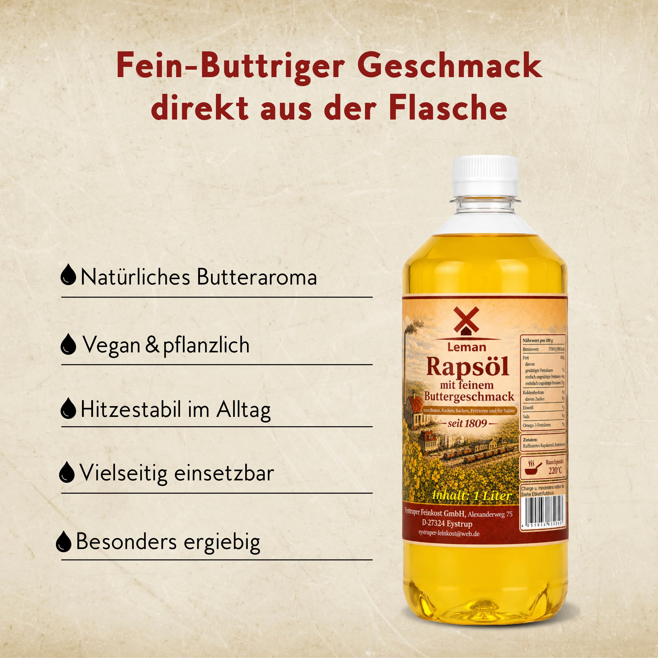 Leman Butterrapsöl (5 Liter Kanister) verschiedene Größen - Veganes Rapsöl mit natürlichem Buttergeschmack – Ideal als Speiseöl, Bratöl, Öl zum Braten – Qualität seit 1809 vom Hersteller