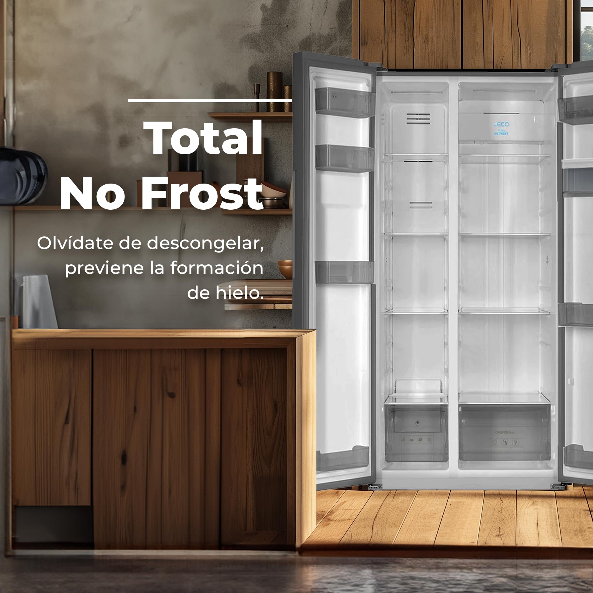 EVVO Frigorífico Americano 2 Puertas, Total No Frost, Compresor Inverter, Capacidad frigorífico 356L y 203L Nevera, Dispensador de Agua, Elegante Display Integrado, Modelo: F90X Aqua (Acabado Inox)