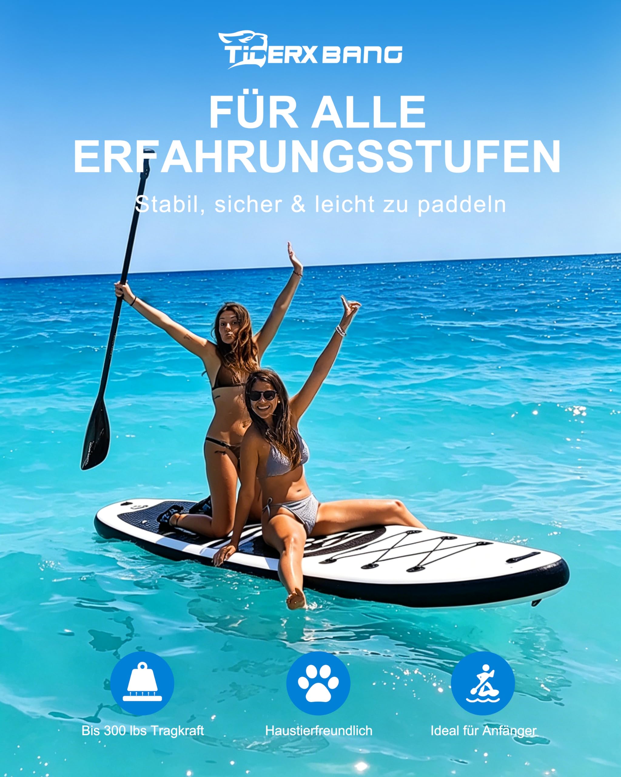 TIGERXBANG Stand Up Paddle Board aufblasbar für Erwachsene und Jugendliche, 320×82×15 cm Allround SUP mit Kajaksitz, verstellbarem Doppelpaddel, Sicherheitsleine und Rucksack