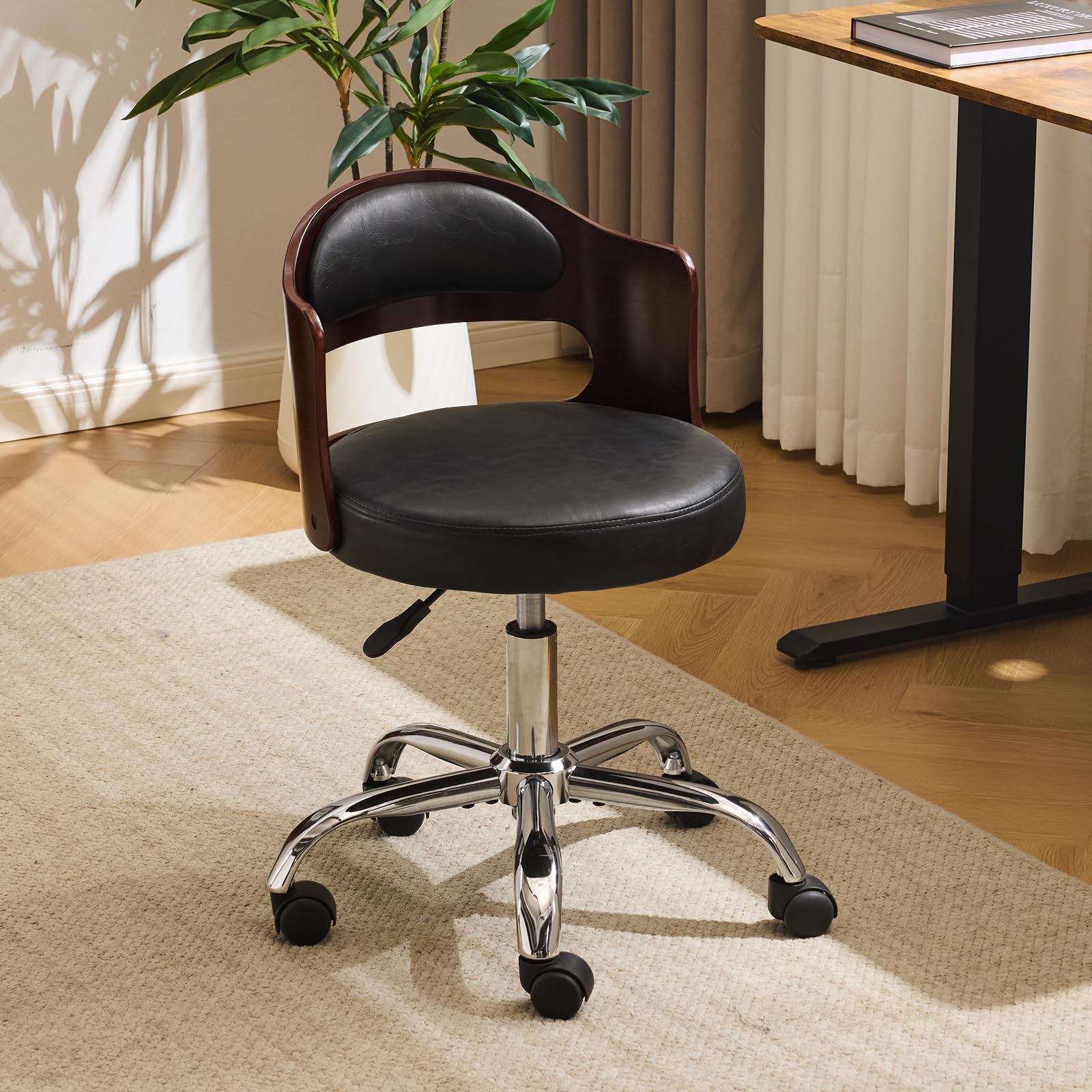 VINGLI Armless Home Office Desk Chair, Adjustable Swivel Chair,Dual-Use with/no Wheels,Small Retro Designed Walnut Curved Task Chair,Cushioned Nail Tech Chair for Study Area,Workspace,PU
